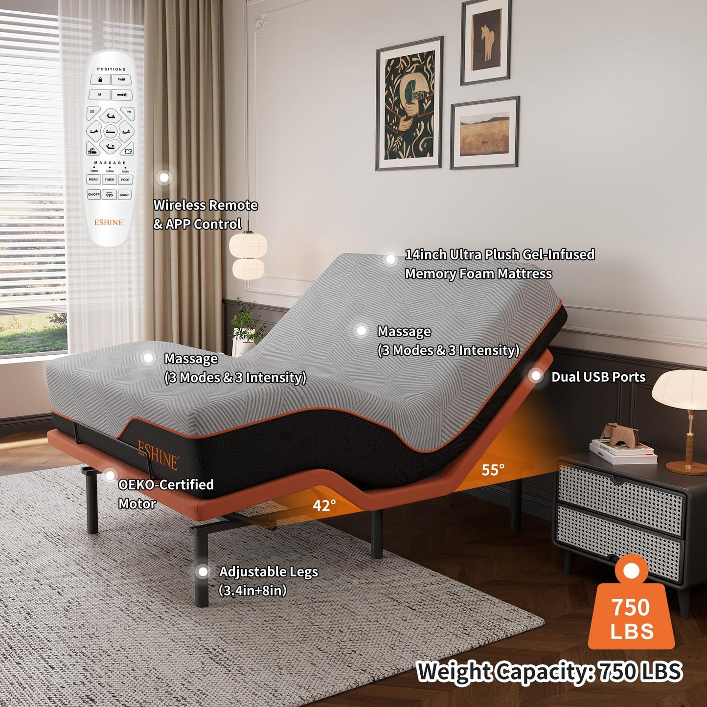 ESHINE 3000 Series Adjustable Bed with 14 inch Ultra-Plush Black Mattress - Twin XL