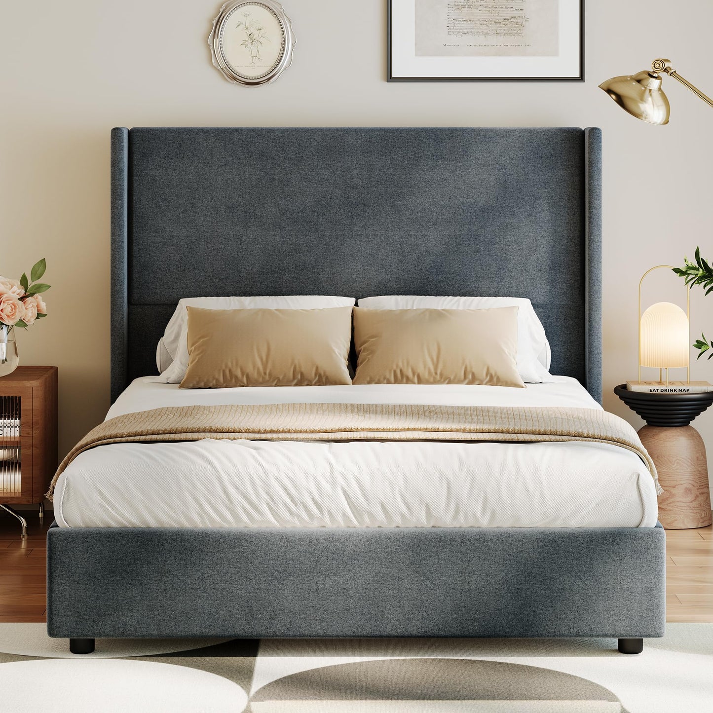 CarterChairr Queen Size Bed Frame Linen Fabric Upholstered Platform with 55.51" Tall Headboard Wingback and Wooden Slats Support, Non-Slip, No Box Spring Needed, Easy Assembly, Beige
