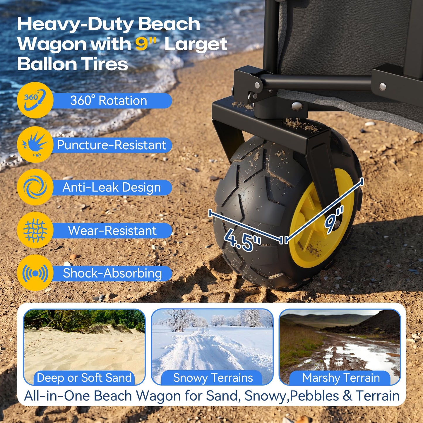VELUVIA Beach Wagon with Balloon Wheels for Sand - 450LBS Heavy Duty Foldable All Terrain Wagon with 9" Balloon Tires- Collapsible Beach Dolly with Adjustable Handle & Cooler Bag for Beach - Black