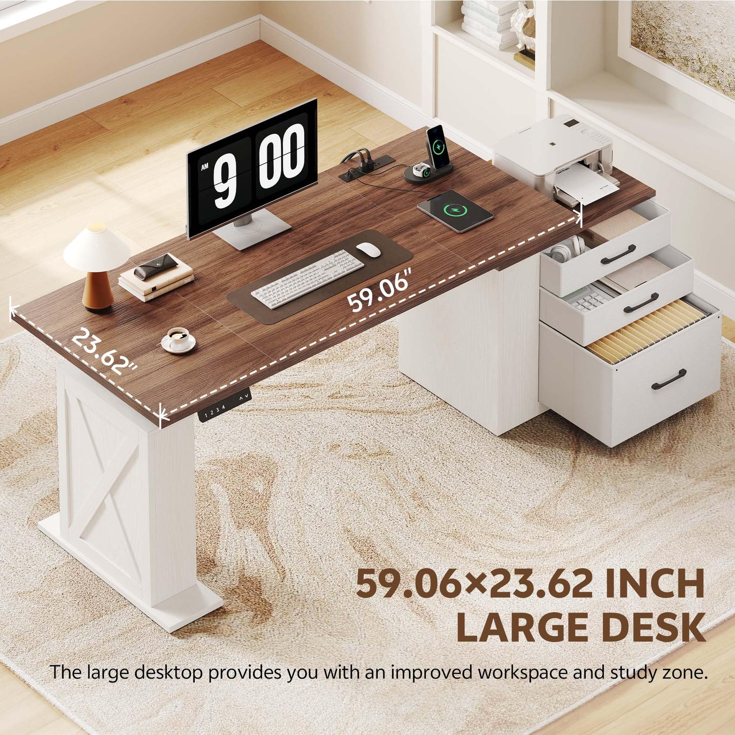 Homiflex 75.5 Inches Electric Standing Desk with Drawers Farmhouse Sit Stand Desk with Storage Adjustable Height Computer Desk with Power Outlets Printer Space for Home Office White and Walnut