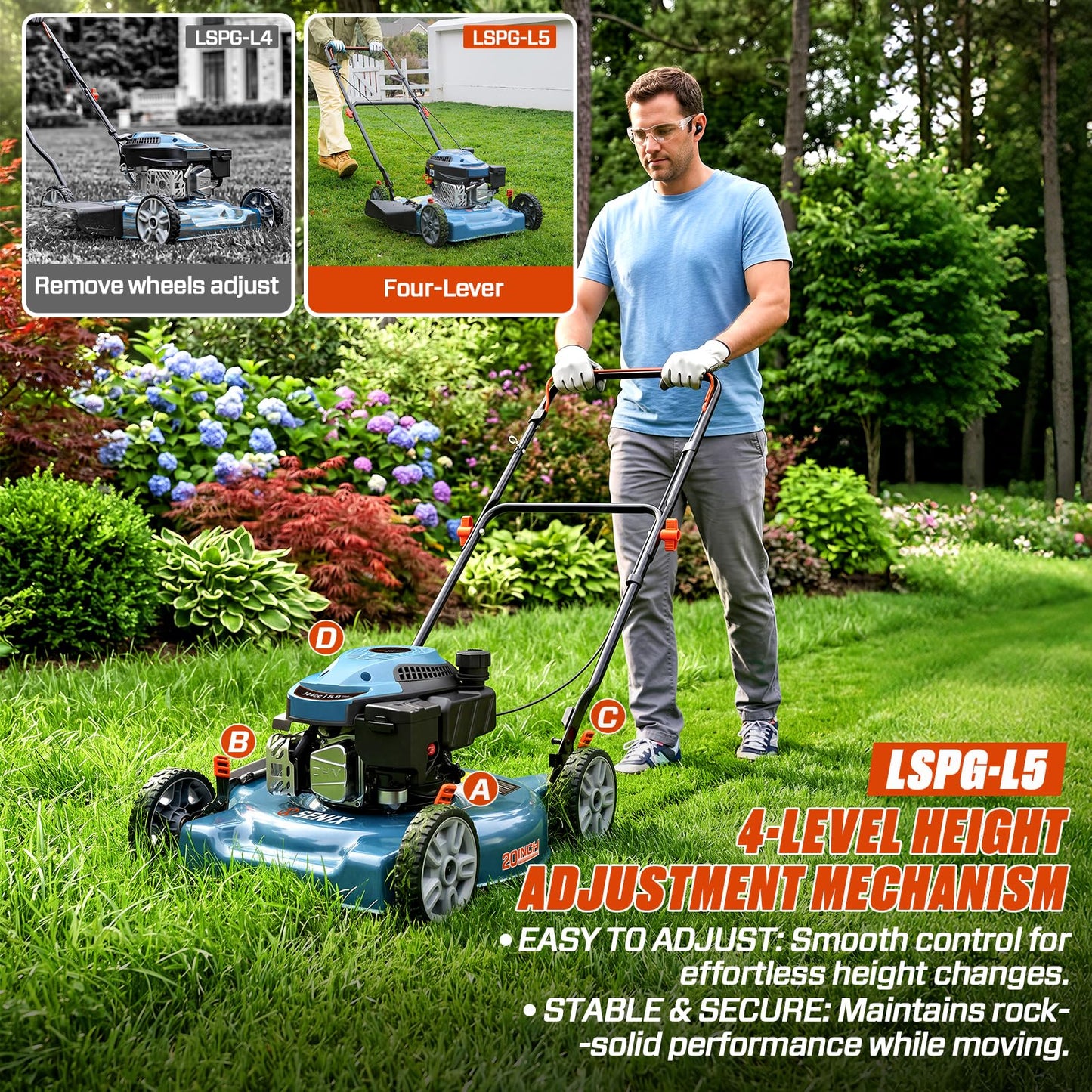 SENIX 20 inch Gas Push Lawn Mower, 144 cc 4-Cycle OHV Engine Push Mower, Side Discharge, 5 Position Cutting Height Adjustment, Low Noise & Fuel-Efficient for Lawn, Yard and Garden (LSPG-L5)