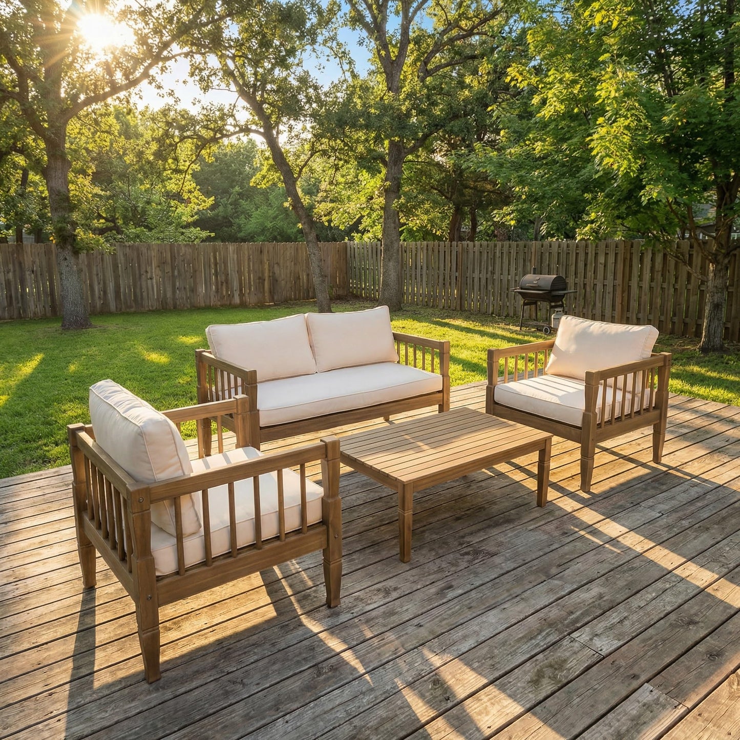 Merax 4 Piece Paito Conversation Set, All-Weather Acacia Wood Loveseat Sofa, 2 Armchairs with Deep Seating and Thick Cushions,1 Coffee Table for Porch, Lawn, Backyard, Teak+Beige