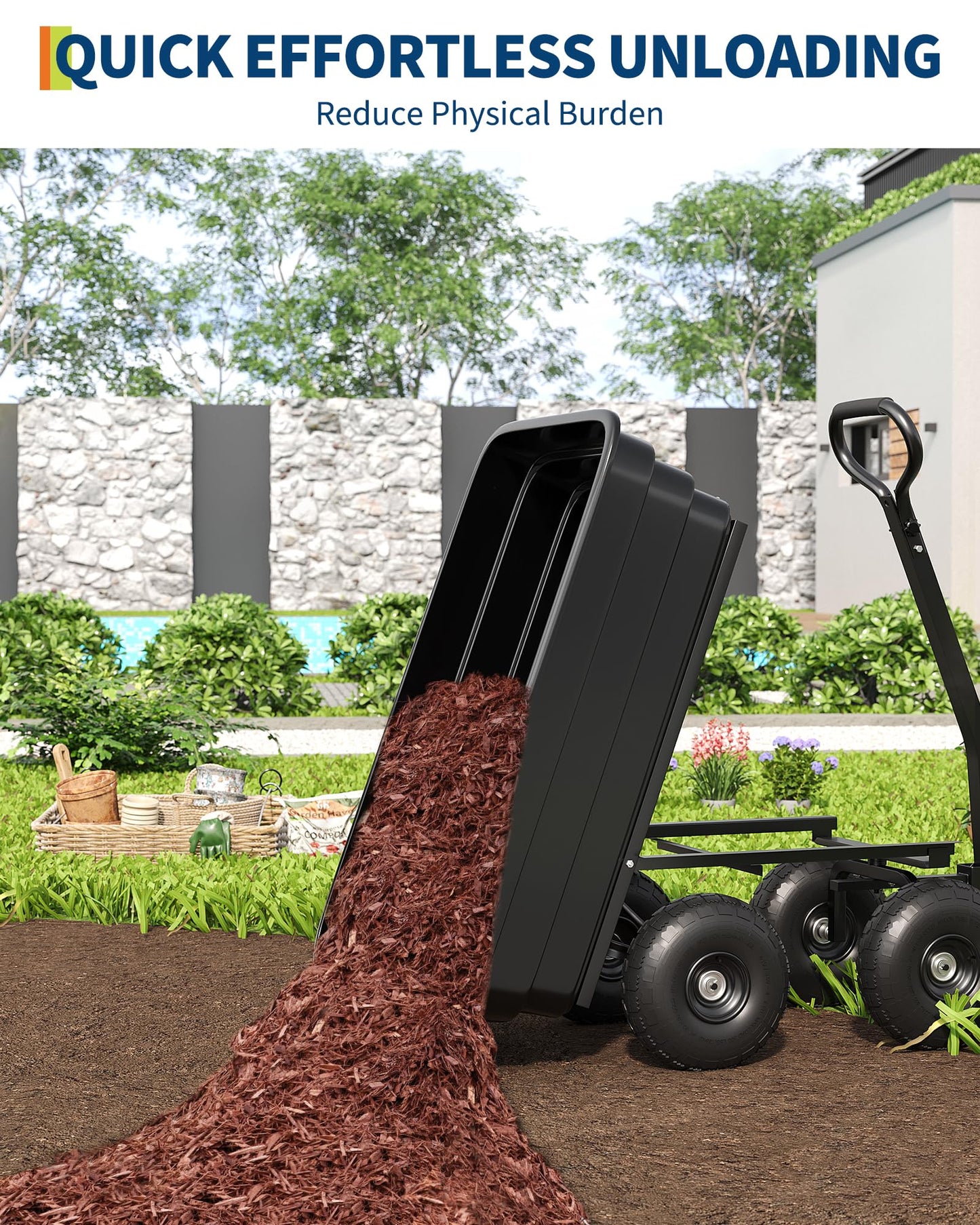 GarveeLife Poly Dump Cart - Heavy Duty 1200lbs Garden Cart with Quick-Release Dumping 13" Tires, Utility Wagon for Yard Work, Landscaping, Gardening