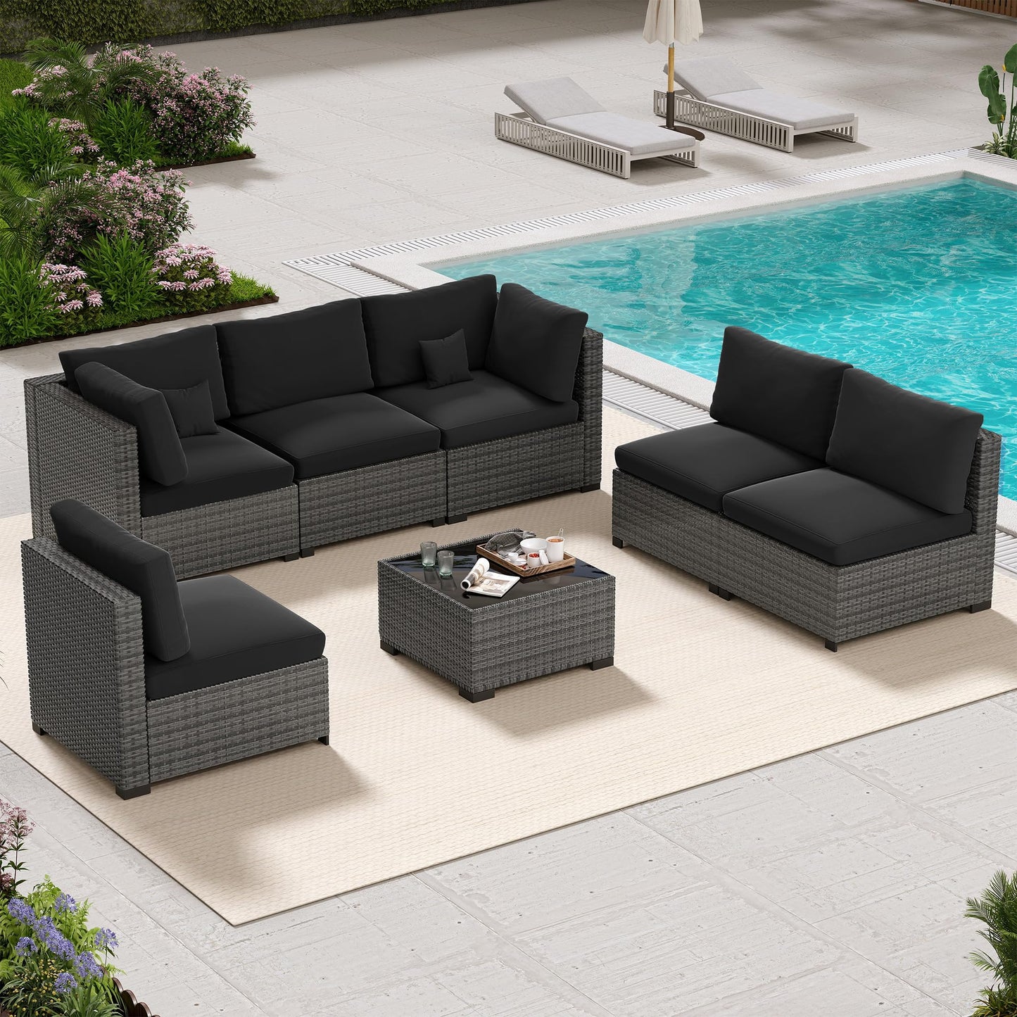 LHBcraft 7 Piece Patio Outdoor Furniture Set, Outdoor Sectional, All-Weather Hand-Woven Wicker Black Patio Sectional, Rattan Outside Furniture with Cushion and Glass Coffee Table