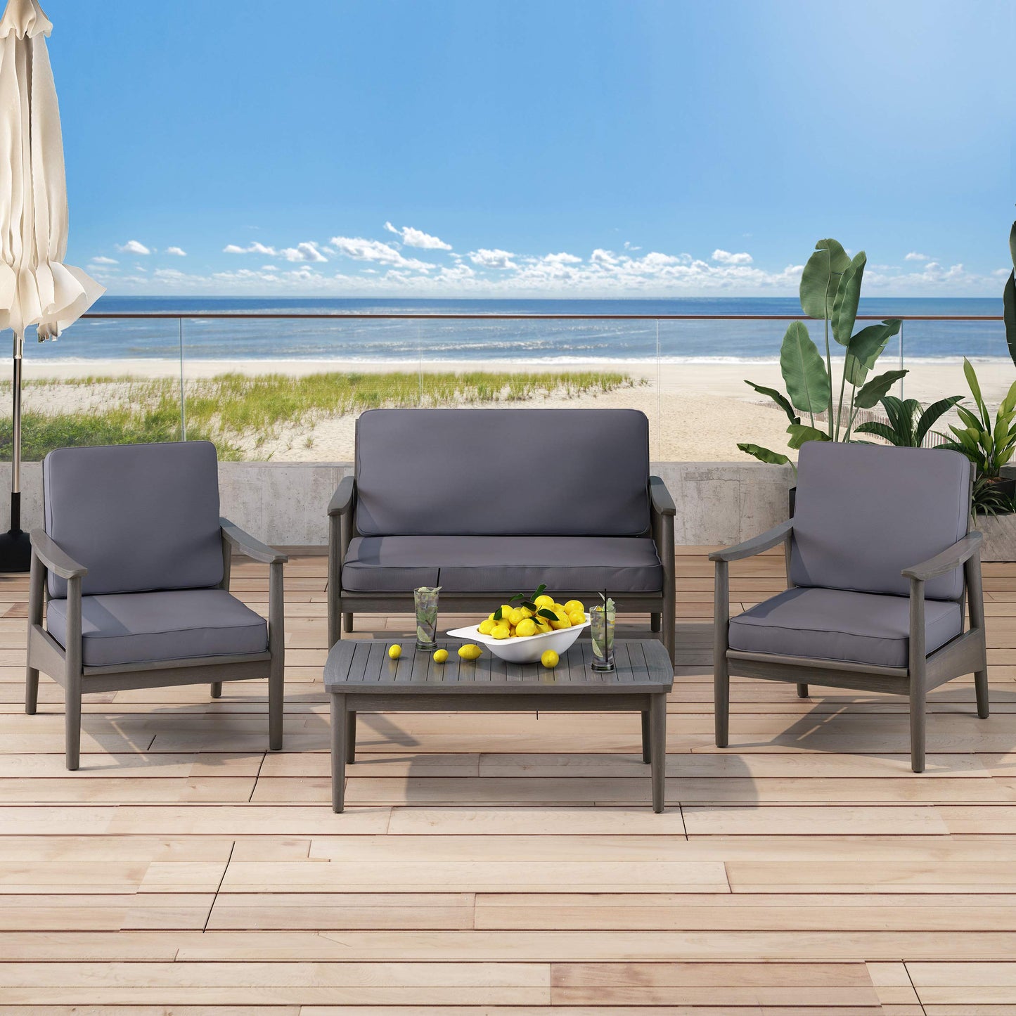 Christopher Knight Home Willowbrook Outdoor 4pc Chat Set - Acacia Wood - Gray