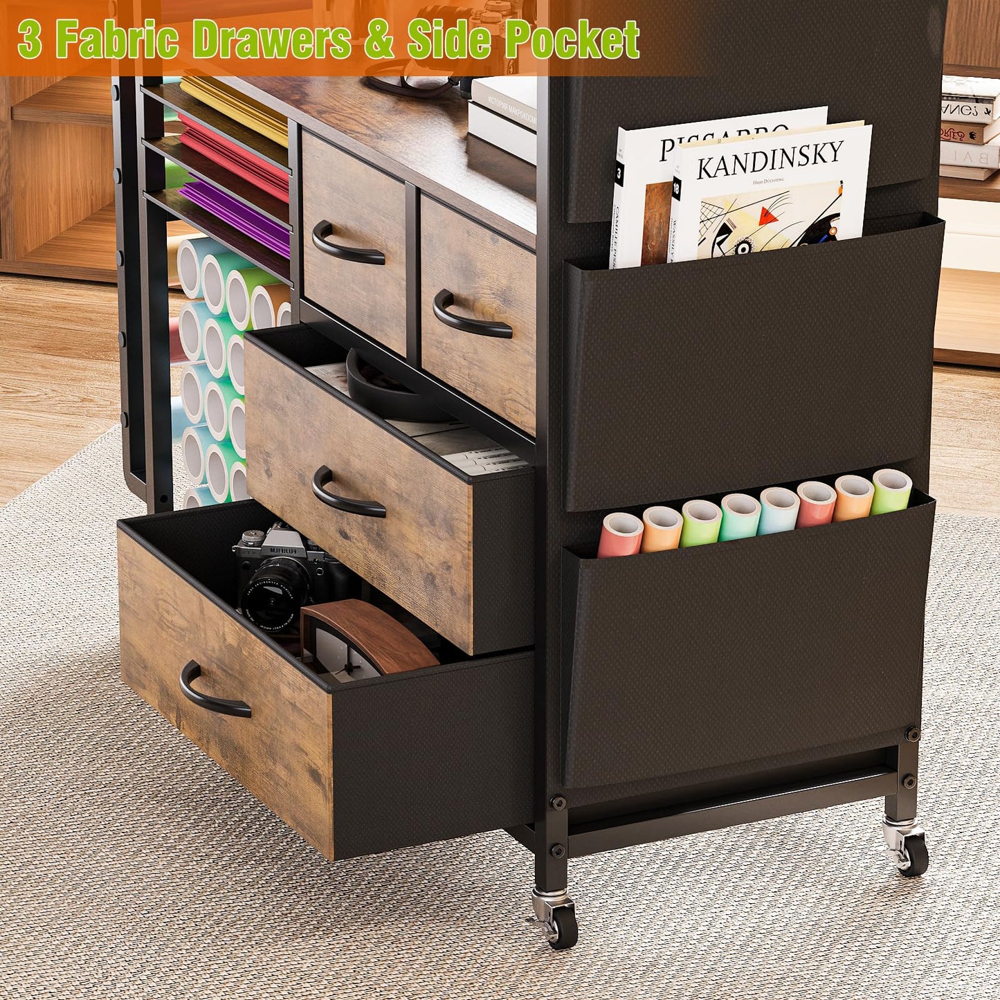 VENNQD Large Craft Organizer and Storage Rolling Cart Compatible with Cricut Machine with Fabric Drawers Vinyl Roll Holder Accessories for Home Craft Workstation Room (Rustic Brown)