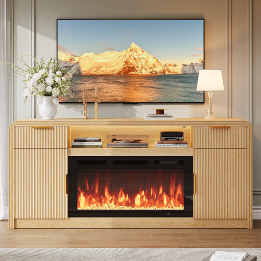 Decofy 70" Fluted TV Stand with 36" Electric Fireplace,Entertainment Center for TVs Up to 80",Mid Century Modern TV Cabinet with Adjustable Shelves & LED Light, Media TV Stands for Living Room