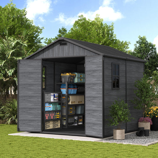UDPATIO 8 x 8 FT Resin Storage Shed, Plastic Outdoor Storage Shed Clearance Sheds with Floor Included Solitude Cottage Shed She Sheds Garden Tool Shed with Lockable Door for Backyard, Patio, Dark Grey