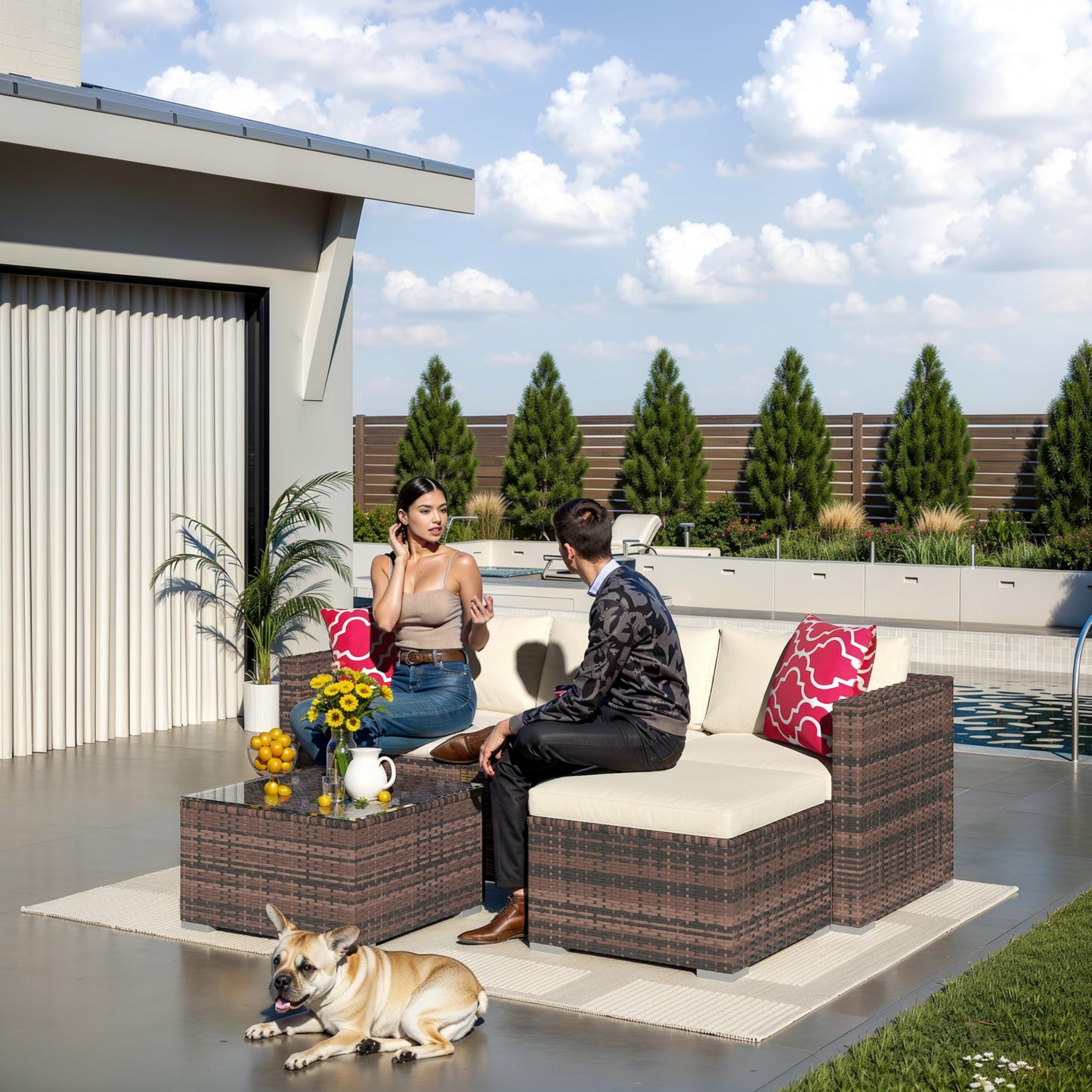 5-Piece L-Shaped Outdoor Patio Furniture Set, PE Wicker Sectional Sofa Set with Cushions and Tempered Glass Table, Steel Frame Conversation Set for Backyard & Poolside – Brown Wicker / Beige Cushions