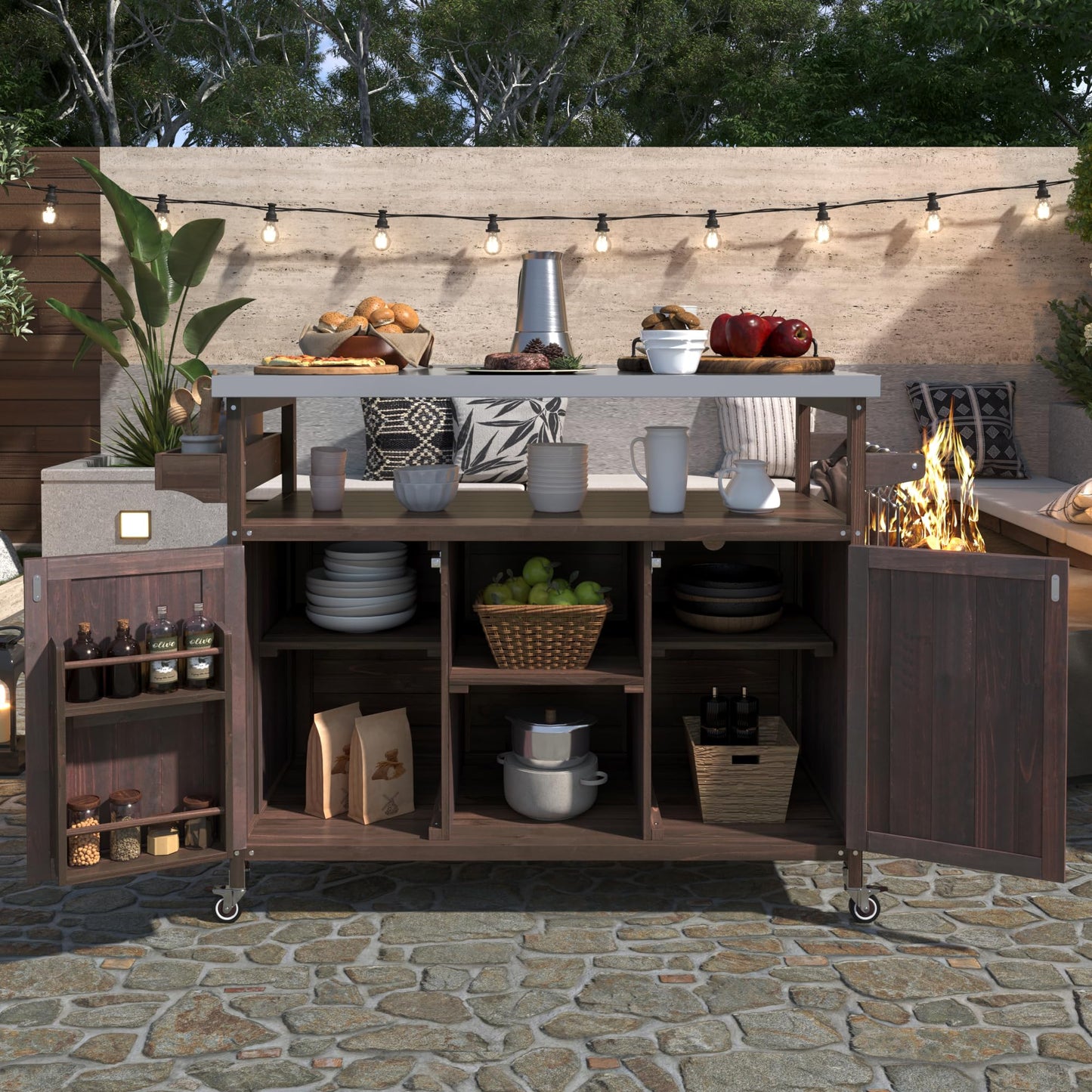 Merax 50" Outdoor Kitchen Grill Cart Island on Wheels with Stainless Steel Top,Farmhouse Style Solid Wood Frame Storage Cabinet for Backyard