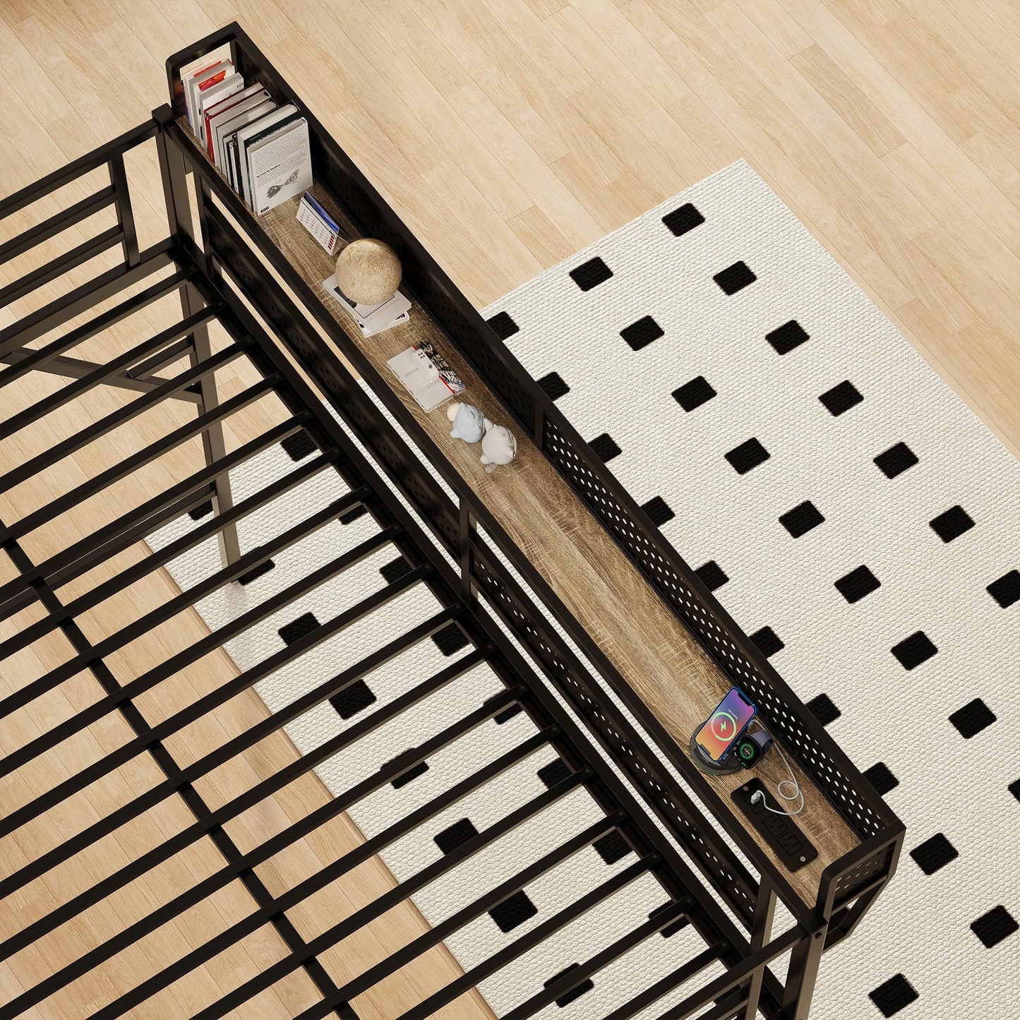 FAVSH Queen Size Metal Loft Bed with Reversible Stairs and LED & USB Port