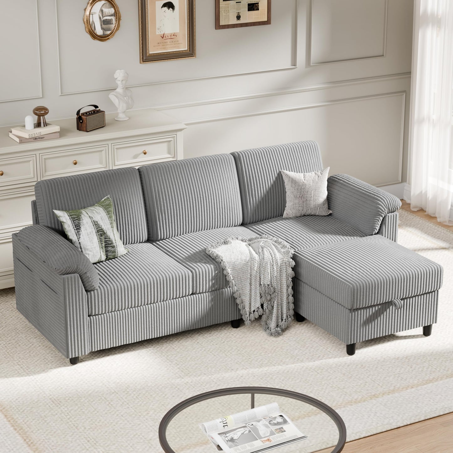 Meilocar Sectional Sofa Couch for Living Room, 79" Sectional Couches with Storage Ottoman, L Shaped Couch with Sloping Armrests, 3-Seat Sofa Couches for Small Space, Light Grey