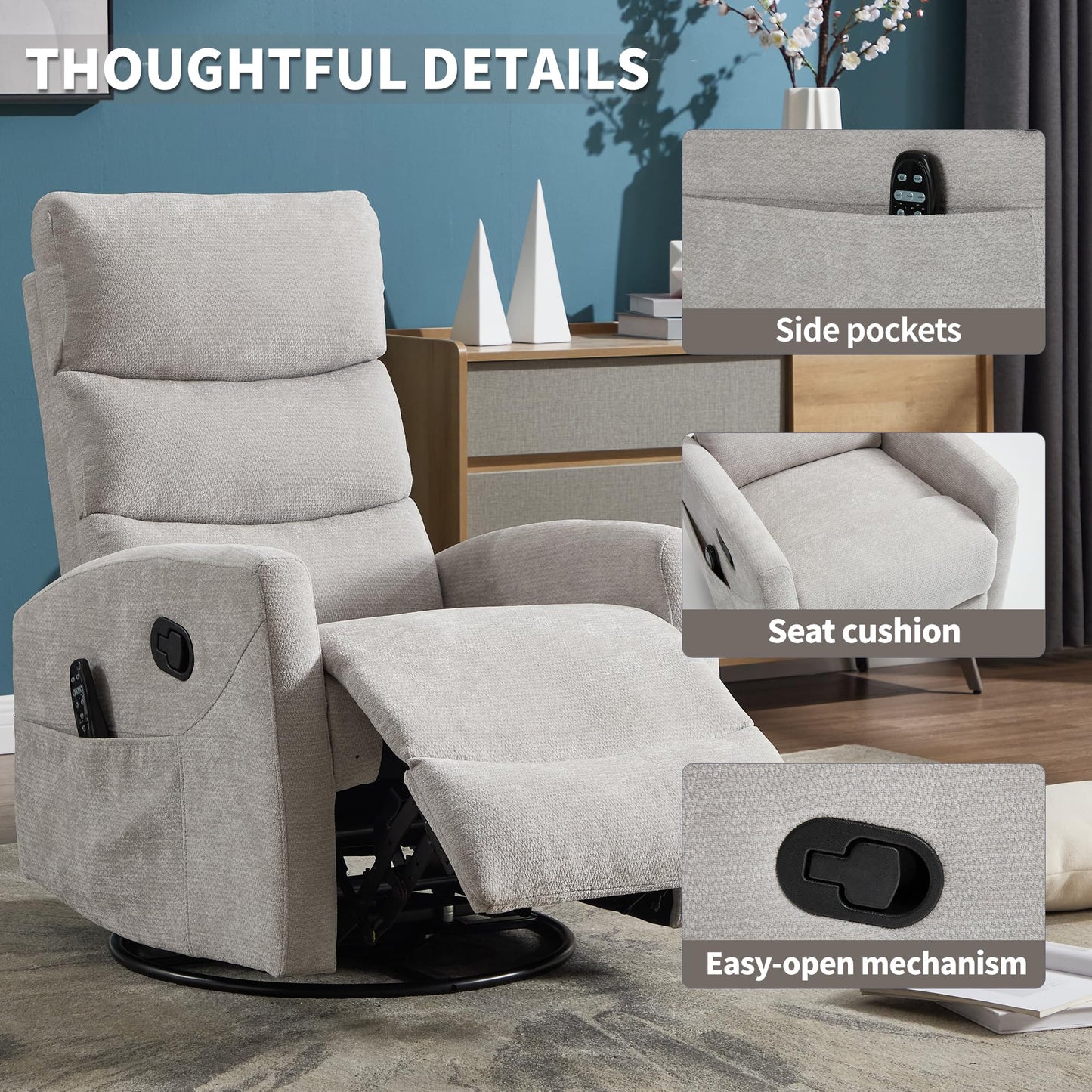 GDFStudio Heat Massage Manual Recliner Chair with Rocking and 360° Swivel, Chenille Fabric Recliner Chair with Lumbar Heat, 8-Point Vibration Massage, 155° Reclining Chair for Living Room, Grey