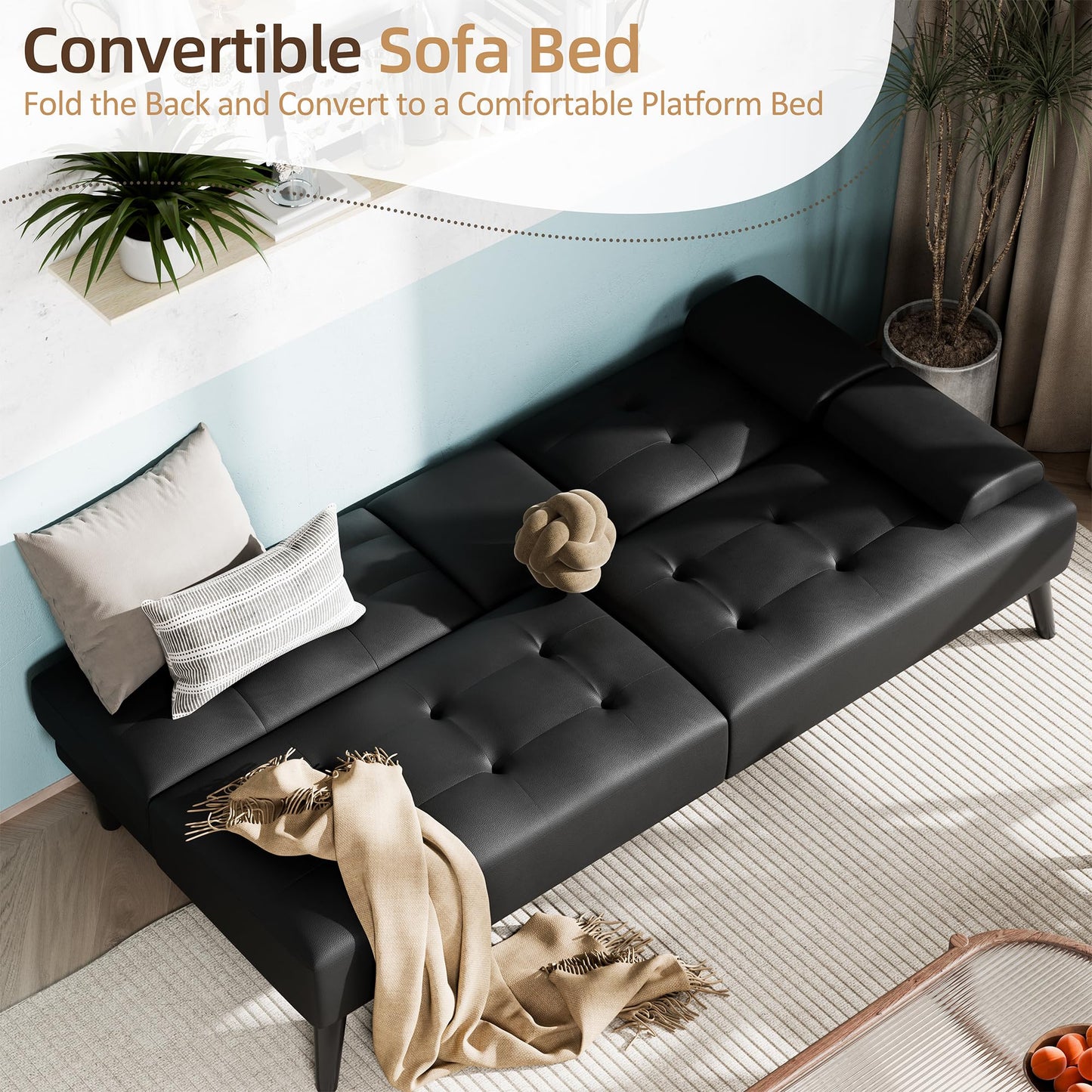 Shintenchi Futon Sofa Bed, Leather Foldable Futon Couch, Reclining Sleeper with Removable Armrests, Upholstered Loveseat Sofa Couch with Folding Cup Holders for Home, Office(Black)