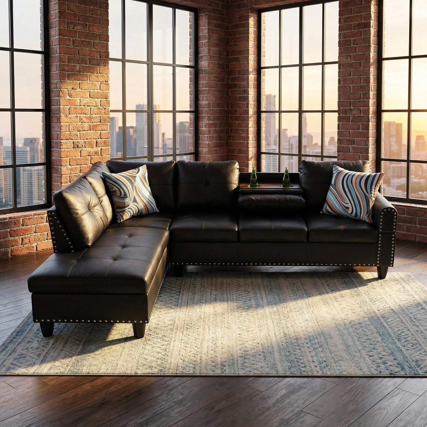 Trygoal L-Shaped Sectional Sofa, Modern 4-Seat Couch with Built-in Cup Holders, Leather Sectional Couch with Left Facing Chaise for Living Room, Apartment, Office, Black