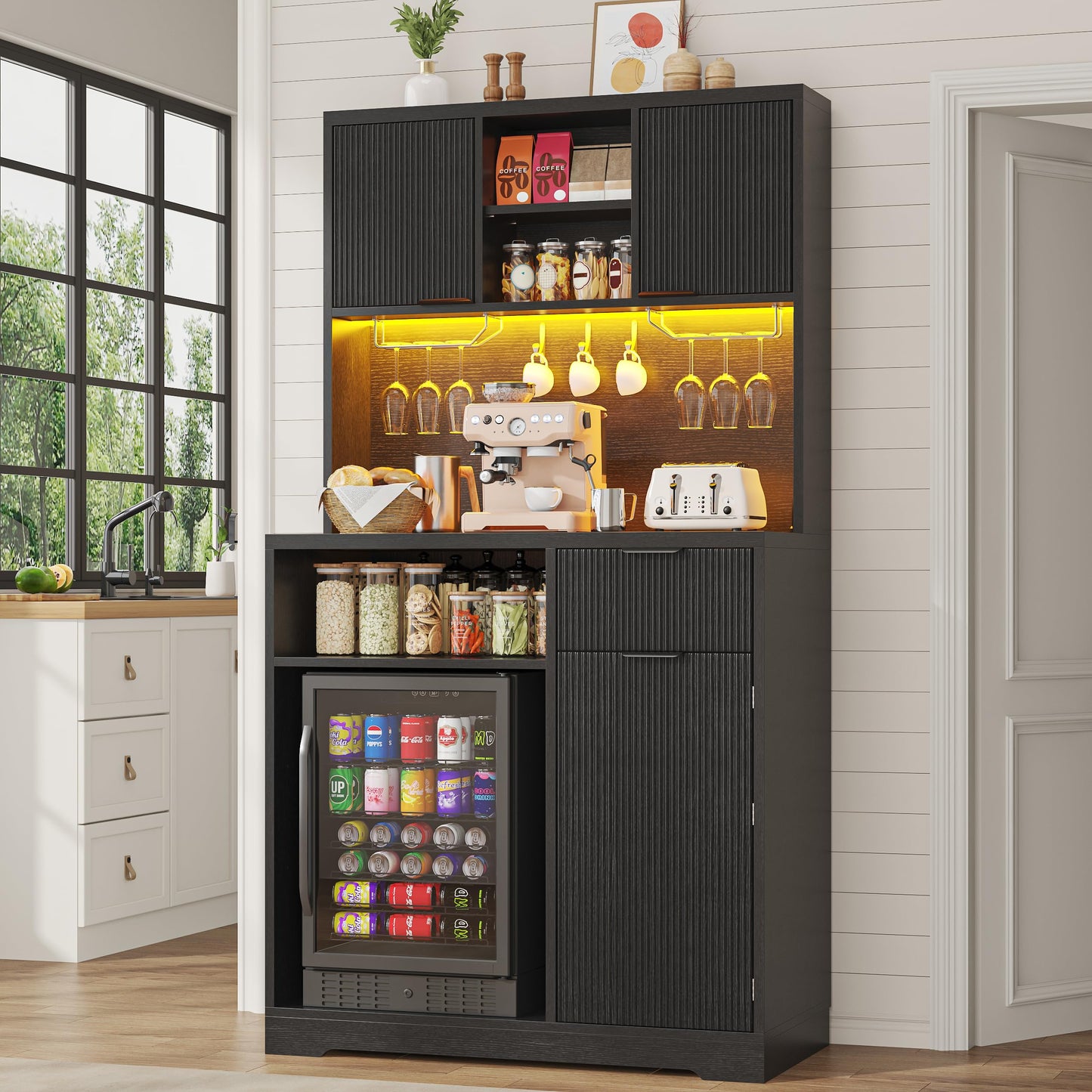 kepptory 72" Mini Fridge Cabinet with Storage, Coffee Bar Cabinet with Mini Fridge, Tall Coffee Bar Station with RGB LED Light, Wine Glass Holder, for Home Kitchen Living Room, Black