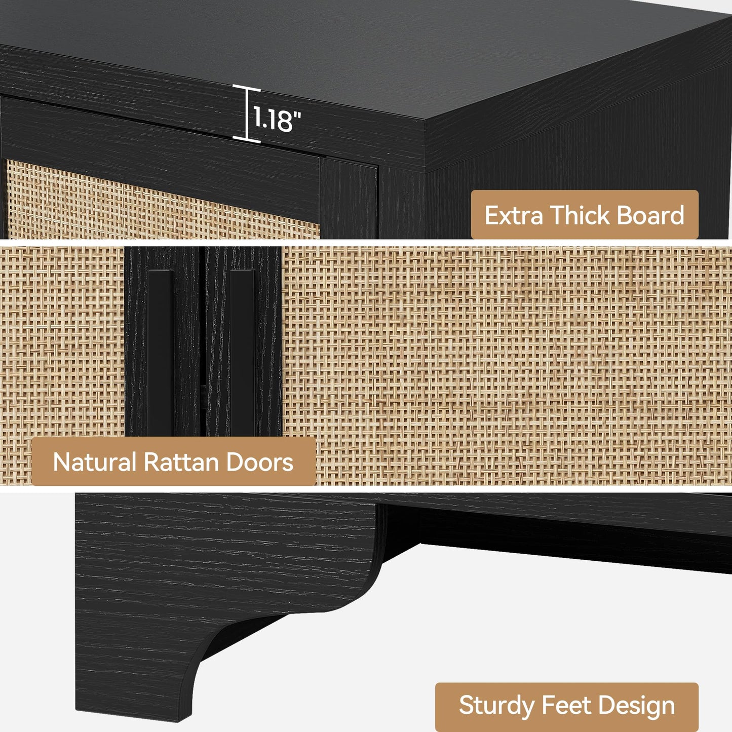 Farmhouse Large Sideboard Buffet with Natural Rattan Doors, 4-Door Storage Cabinet for Kitchen, Living Room, or Entryway, Spacious Storage Solution, Rustic Accent Cabinet for Home Organization