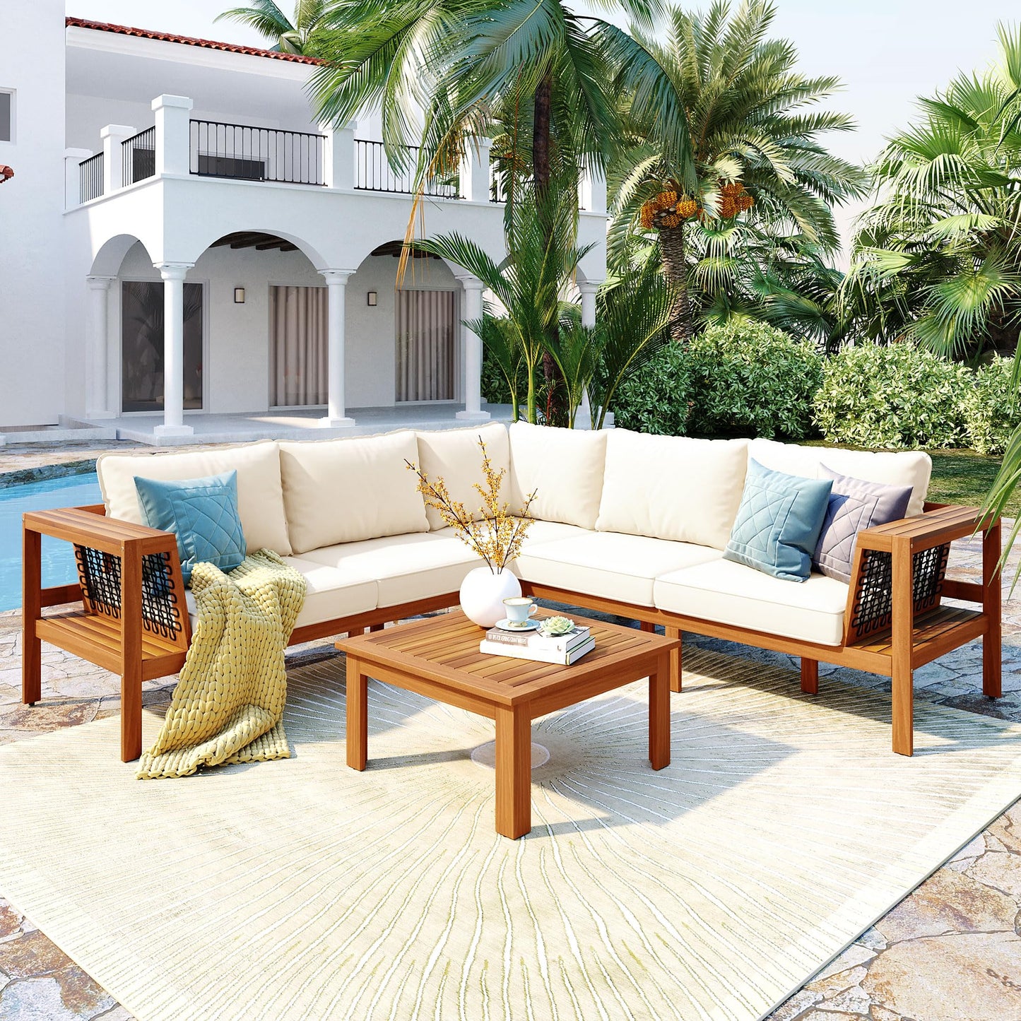 Merax 4 Pieces Patio Furniture Set, Outdoor L-Shaped Sectional Sofa Set with Coffee Table, Acacia Wood Conversation Seating & Thick Cushions and Side Table, for Backyard, Garden and Poolside, Beige