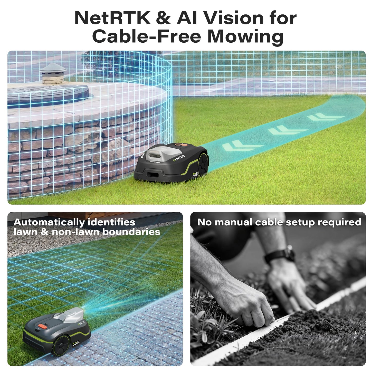 SUNTEK RTK Robot Lawn Mower, Perimeter Wire Free RTK+Vision Robotic Lawnmower for 1/4 Acres Lawn, Auto Mapping, APP Control, Multi-Zone Management, 35% Slope, Cutting Height 1.2''~2.4''