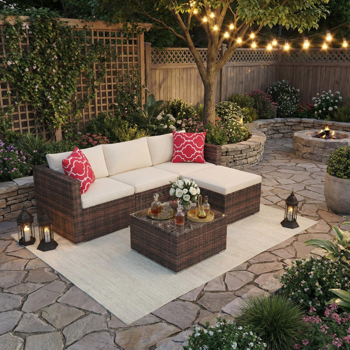 5-Piece L-Shaped Outdoor Patio Furniture Set, PE Wicker Sectional Sofa Set with Cushions and Tempered Glass Table, Steel Frame Conversation Set for Backyard & Poolside – Brown Wicker / Beige Cushions