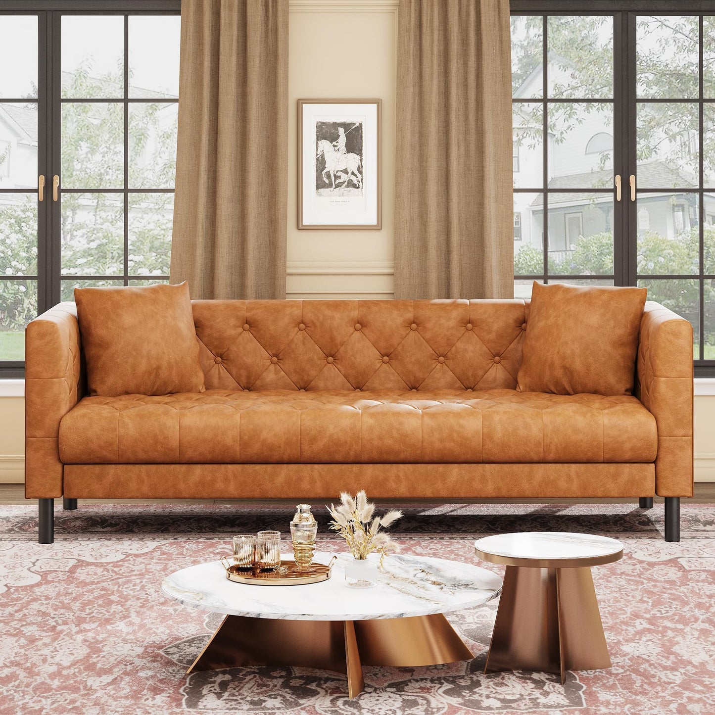 GarveeHome 81" Leather Couch for Living Room, Chesterfield Sofa with Deep Seat, Handmade Button Tufted 3 Seater Sofa, Modern Leather Sofa for Apartment, or Office, Cognac Tan