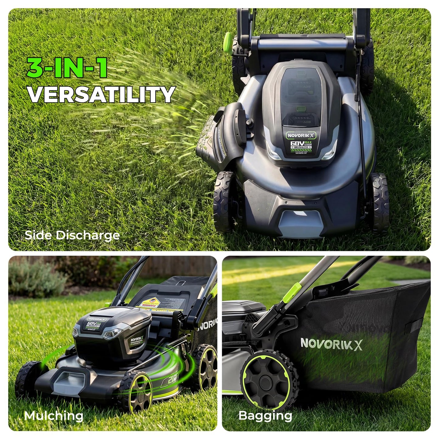 NovorikX 60V 5Ah Self-Propelled Electric Cordless Lawn Mower with 5.0Ah Battery 21-Inch, Brushless Mower for Large Yards, LED Headlight, Rapid Charger 3-in-1 Versatility Obsidian Series