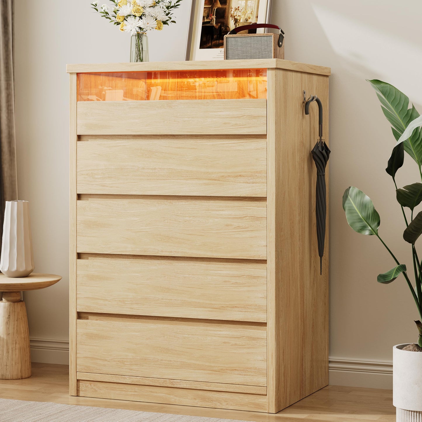 Jocoevol 5 Drawer Dresser for Bedroom with LED Light, Modern Chest of Drawers with Hidden Handles, Tall Wooden Dresser Closet for Living Room, Entryway, Hallway - Oak