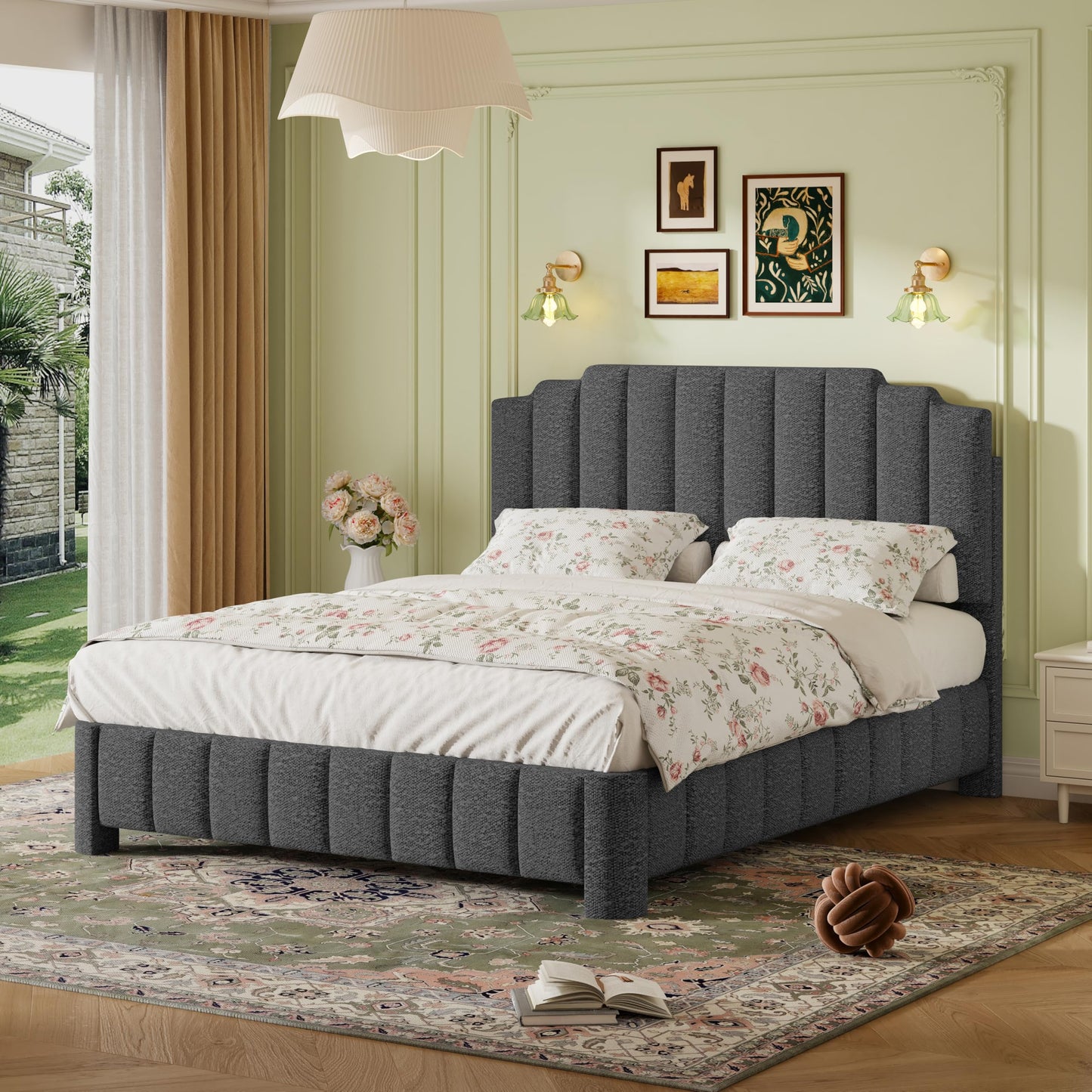 HDDDZSW Queen Bed Frame with Adjustable Headboard, Boucle Queen Size Bed Frame Upholstered Platform Bed Frame, Solid Wood Slats Support Grey Bed Frame for Bedroom, No Box Spring Needed