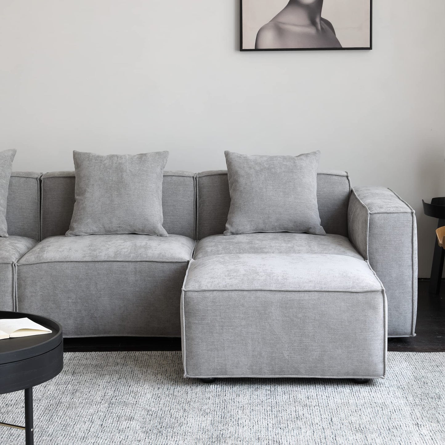 Acanva Luxury Modular Sectional Living Room Sofa Set, Modern Minimalist Style Couch with Ottoman and Chaise, L-Shape, Grey
