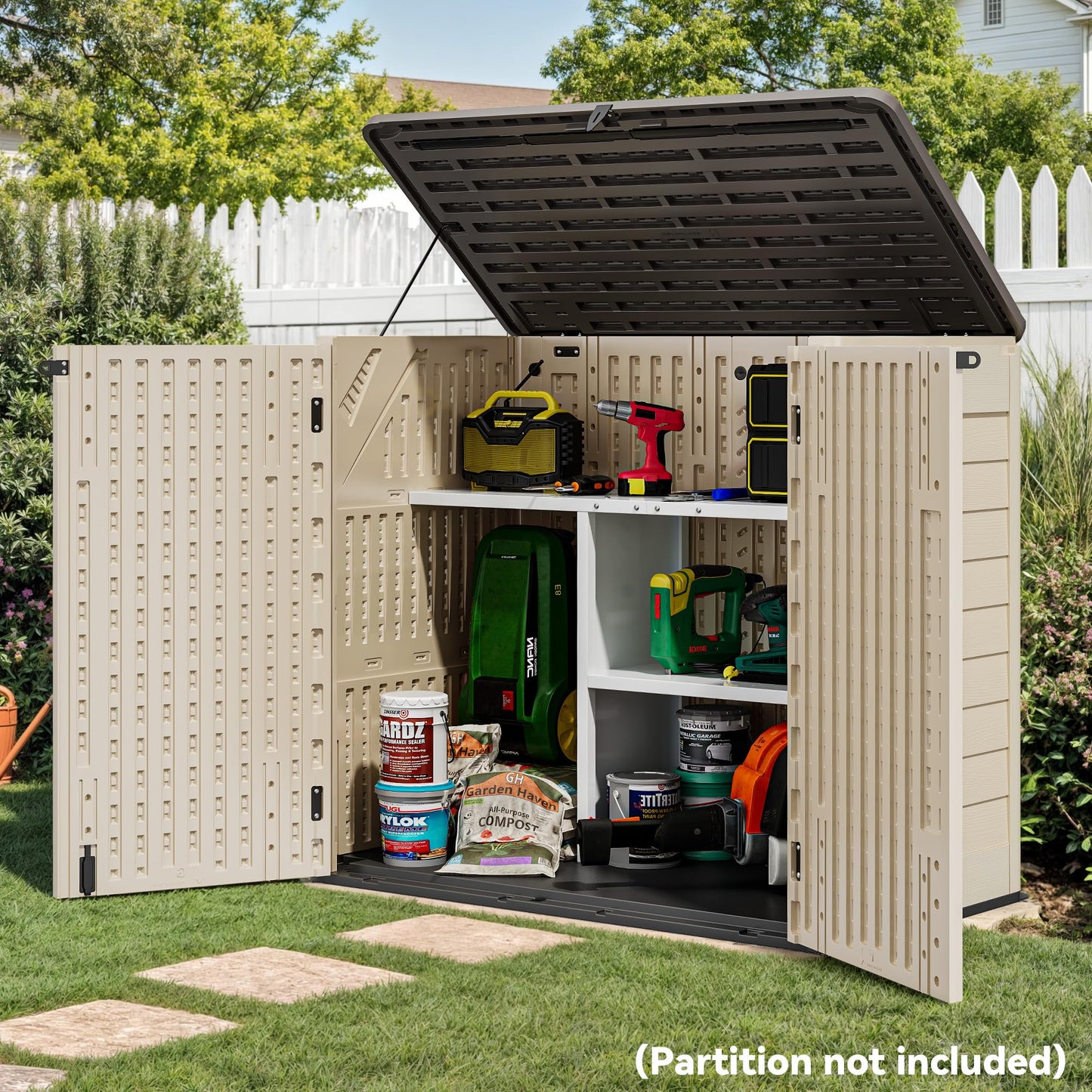 YITAHOME 30 cuft Outdoor Storage Shed w/o Shelf, Horizontal Storage Cabinet for Garden Tool, Waterproof Storage Shed Plastic for Garage, Resin Pool Storage, Easy to Assemble, Khaki & Brown