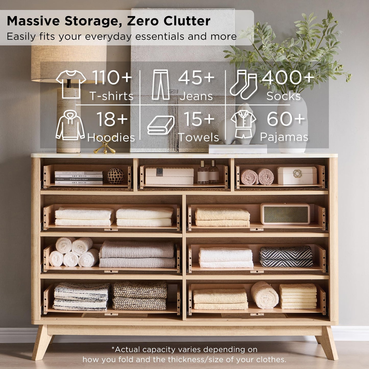 T4TREAM Fluted 9 Drawer Dresser, Modern Chest of Drawers with Faux Marble Top, Curved Profile Design, Dresser TV Stand, Wood Drawer Organizer for Bedroom, Living Room, Hallway, Natural Oak