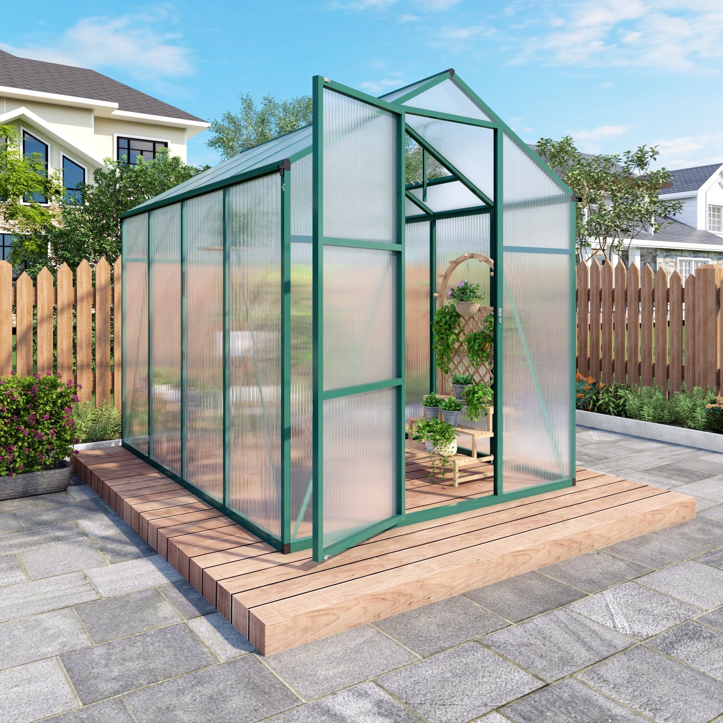 6x10FT Walk-in Polycarbonate Greenhouse Kit, Heavy Duty Aluminum Frame Outdoor Greenhouse with Raised Base, Vent & Drainage System, UV Resistant Plant House for Backyard Garden All Season Use