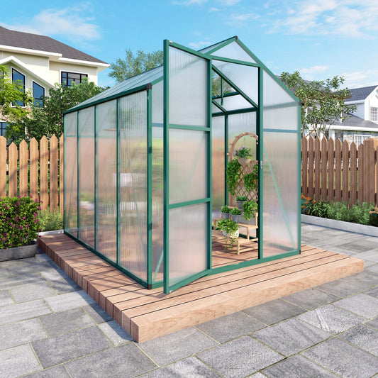 6x10FT Walk-in Polycarbonate Greenhouse Kit, Heavy Duty Aluminum Frame Outdoor Greenhouse with Raised Base, Vent & Drainage System, UV Resistant Plant House for Backyard Garden All Season Use