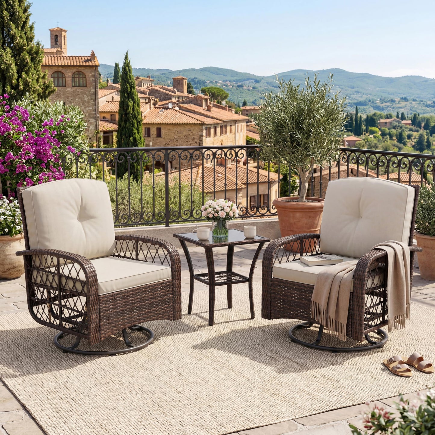3 Pieces Patio Furniture Set, Outdoor Swivel Glider Rocker Set w/Washable Cushion and Tempered Glass Tabletop, Conversation Furniture for Deck Porch Balcony Backyard Garden,Brown & Beige