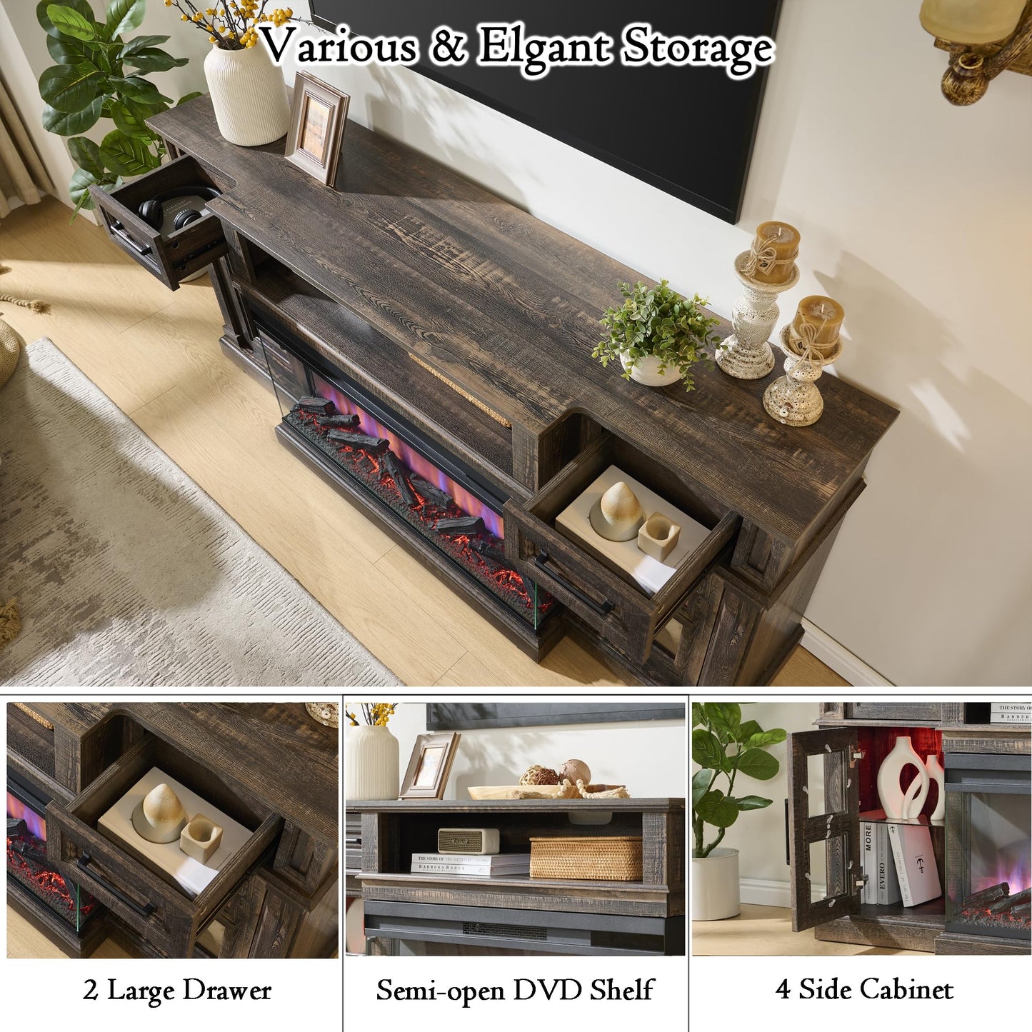 Unineo 3-Side Fireplace TV Stand for up to 80 Inch TV, LED Entertainment Center with 36 Inch Electric Fireplace, Farmhouse TV Console Table w/Drawers & Cabinets for Living Room, Dark Rustic Oak