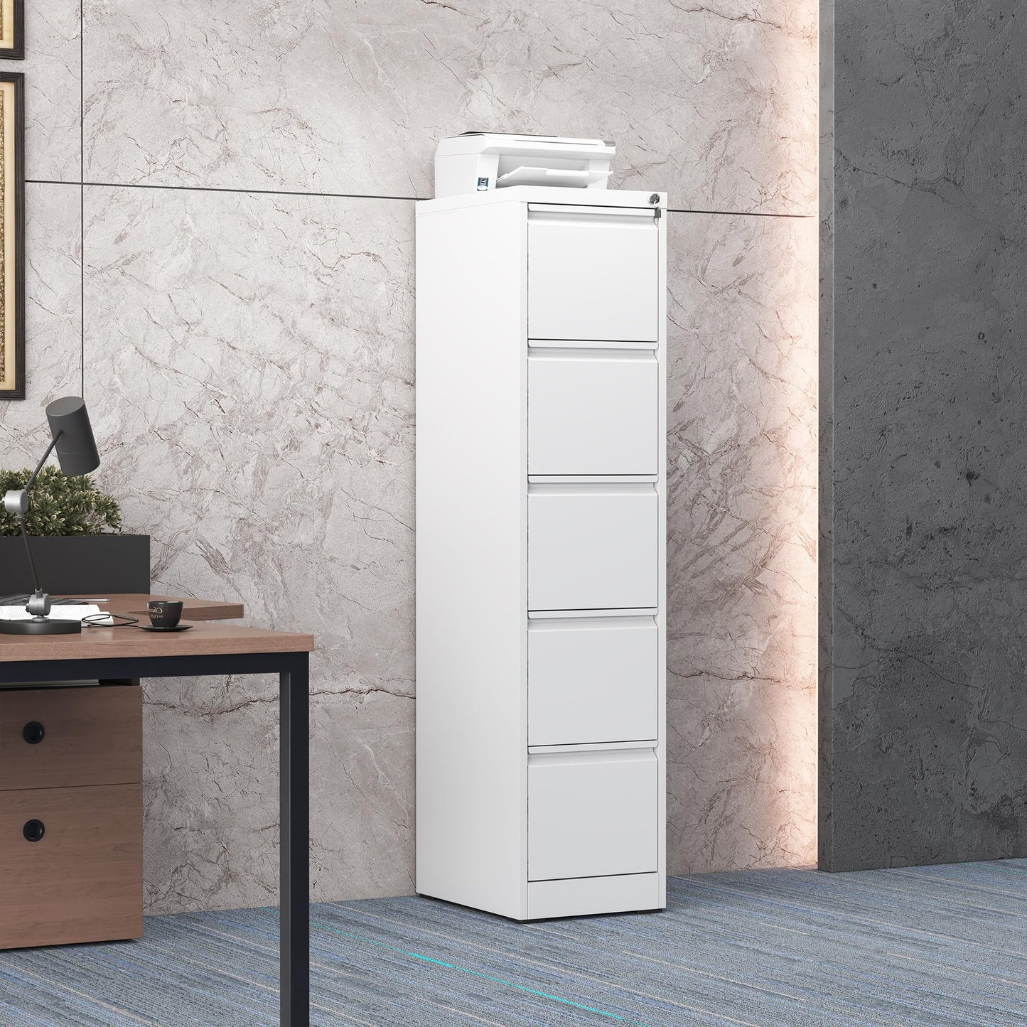FOSTOKO 5 Drawer File Cabinet with Lock, Steel Vertical Filing Storage Cabinet for Home Office, Heavy-Duty File Cabinets for Letters/Legal/A4 (Require Assembly, White)