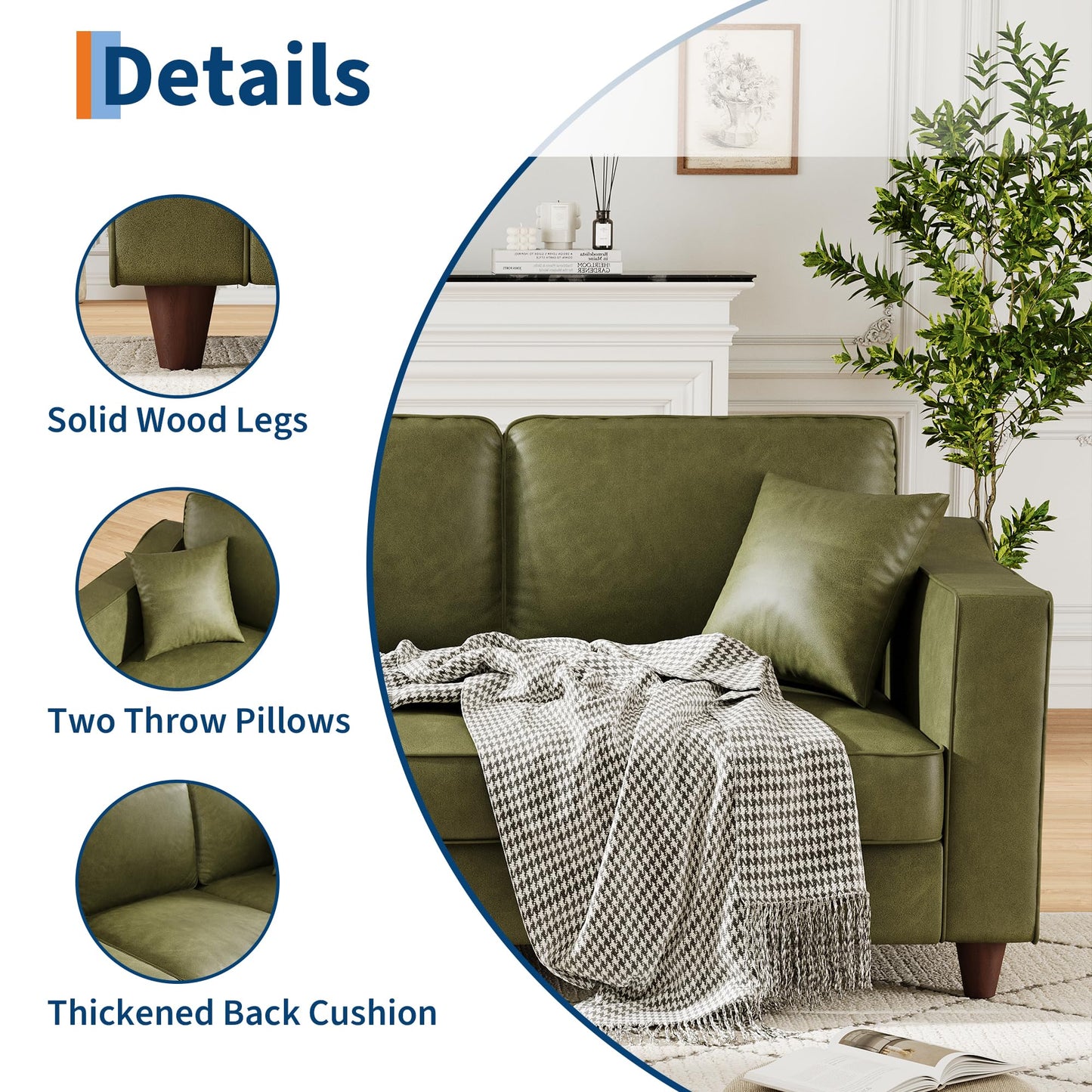 Garvee 85 Inches 3-Seater Sofa Couch with 2 Throw Pillows, Faux Leather Couch with Wide Armrests, Wood Legs, Deep Seats, Back Cushion, Sturdy Support Feet, Sofa Couches for Living Room, Olive Green
