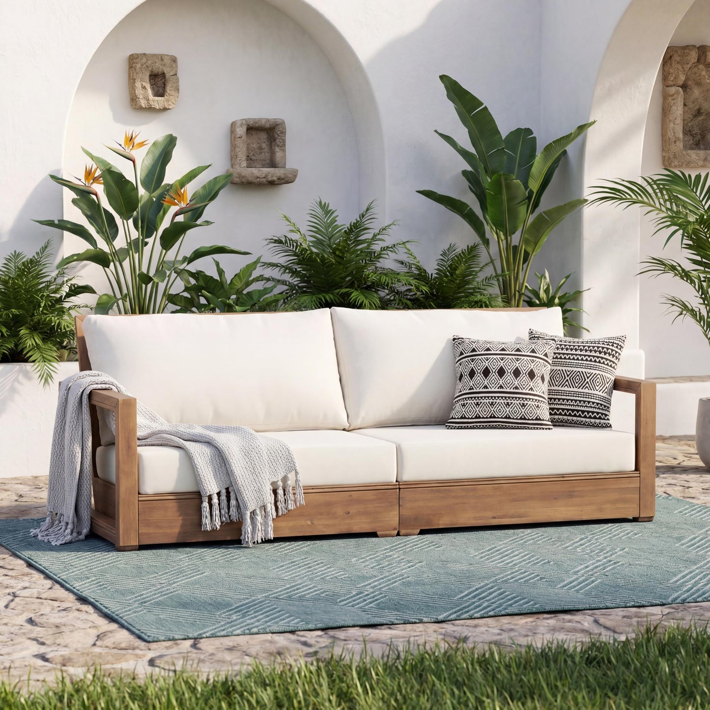 Christopher Knight Home 4-Piece Patio Furniture Set, Outdoor Acacia Wood 3-Seater Patio Sofa Set with 2 Swivel Rocking Chairs & Coffee Table, Deep Seating Patio Set for Porch Deck Garden, Brown+Beige
