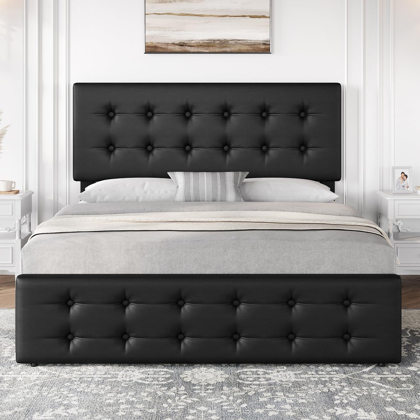 IDEALHOUSE Queen Size Bed Frame with 4 Storage Drawers and Headboard, Faux Leather Upholstered Platform Bed Frame with Wooden Slats Support, Button Tufted Design, No Box Spring Needed, Black