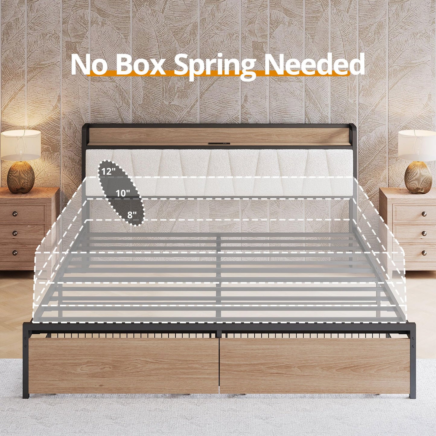 LIKIMIO King Size Bed Frame with 2 Drawers and Charging Station