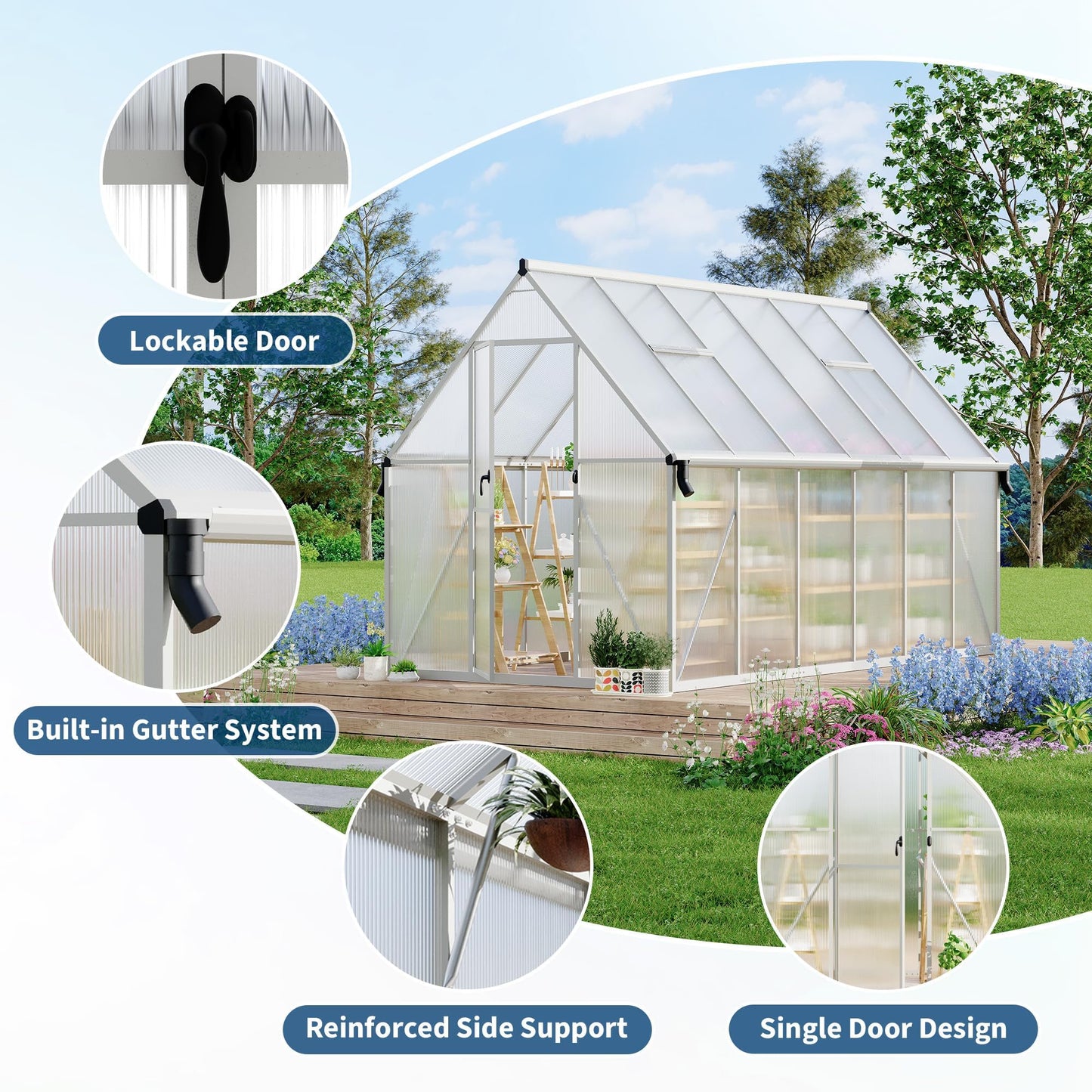 CABIHOME 8x14 FT Outdoor Greenhouse, Polycarbonate Greenhouse with Roof Vent and Ground Nails, Aluminum Large Walk-in Green House w/ Lockable Push Door for Outdoor Garden (Sliver, 8x14 FT)