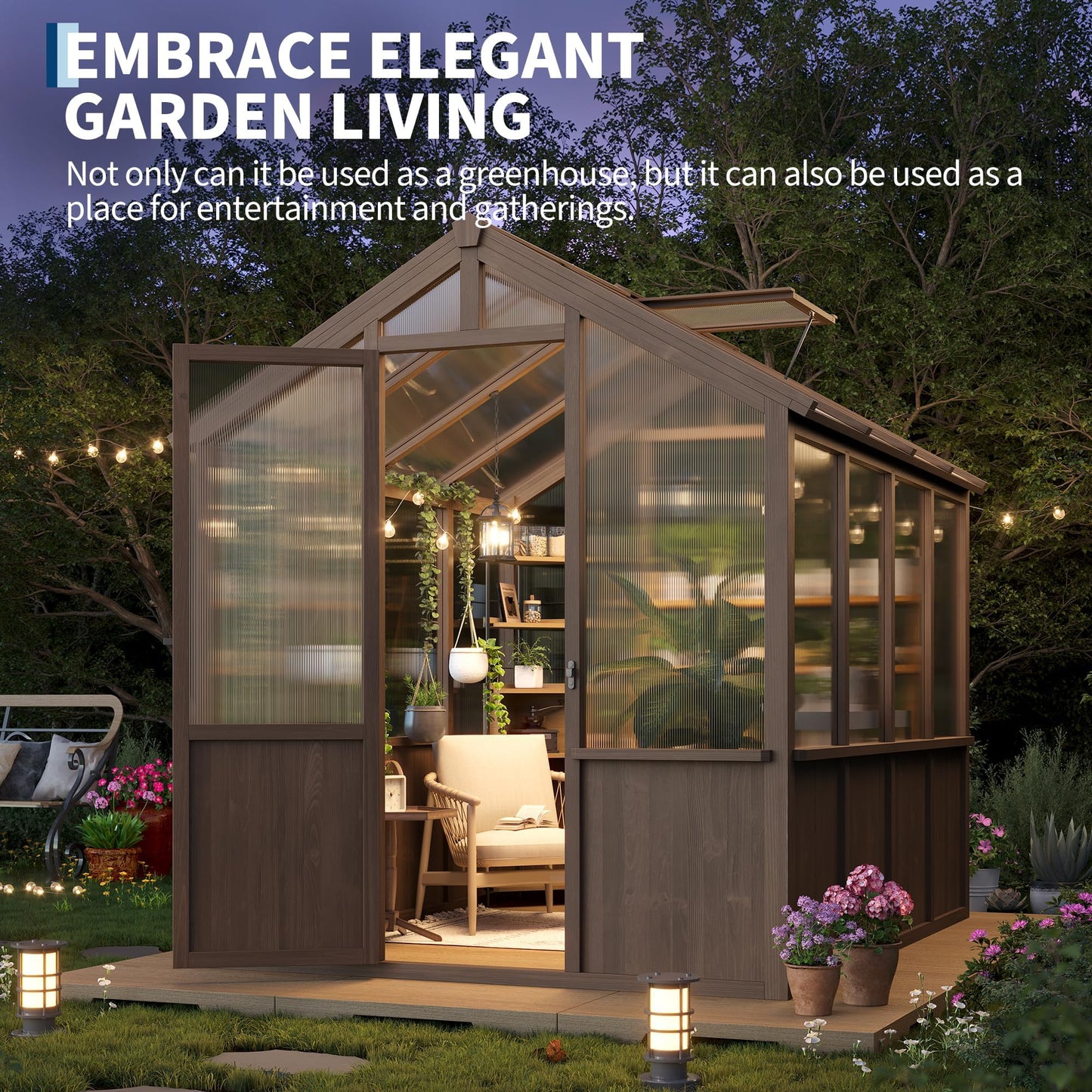 6x8 FT Greenhouse - Large Wooden Greenhouses for Outdoors, Heavy Duty Spruce Frame Greenhouse with PC Panels, Adjustable Roof Vents & Lockable Door, Walk-in Green Houses for Garden, Backyard, Patio
