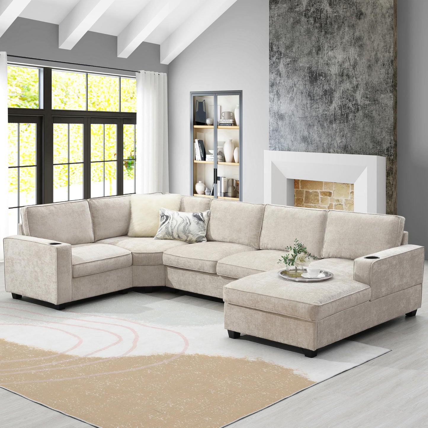 Merax Modern Oversized U-Shaped Sectional Sofa with Cup Holders & Chaise Lounge, Chenille 6-Seat Couch Set Sleeper Bed with Deep Seat Beige