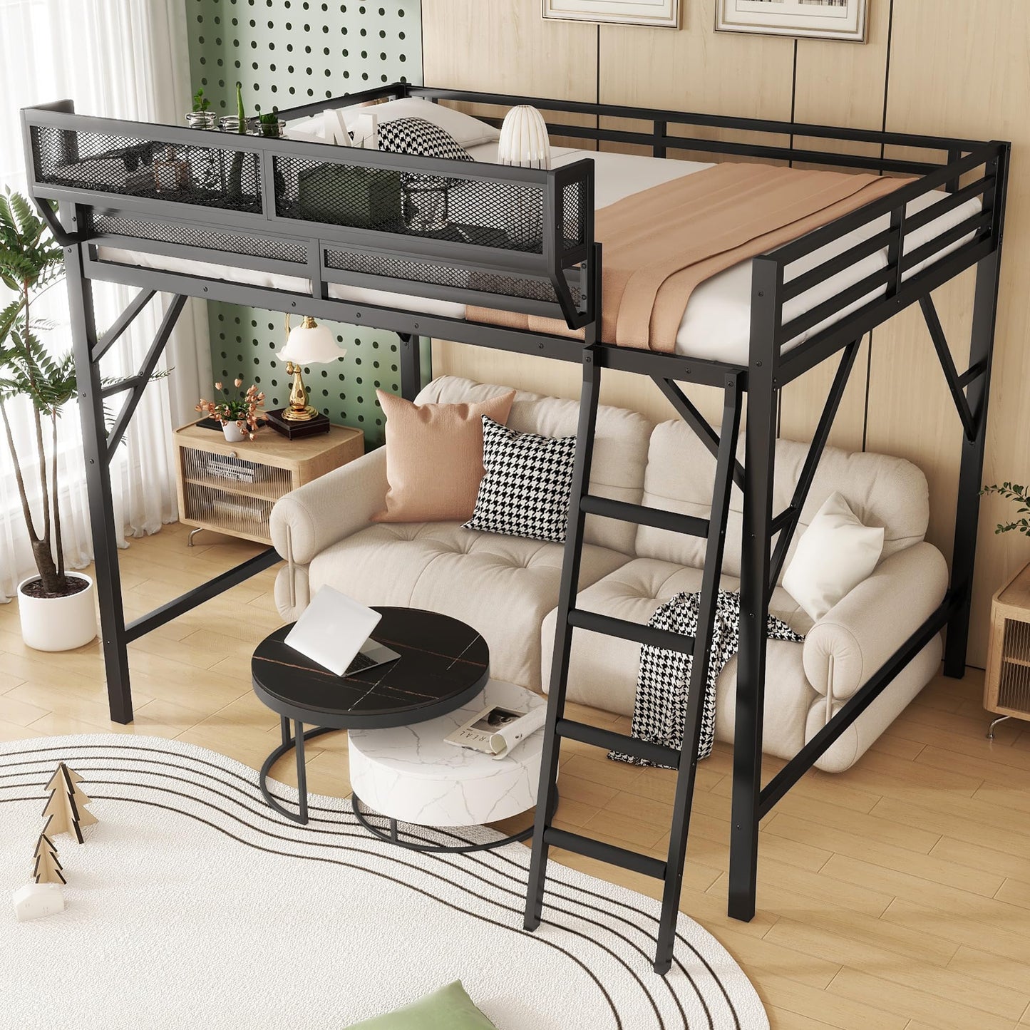 KEIKI Full Size Metal Loft Bed Frame with Ladder and Built-in Storage Shelves, for Teens, Modern Style Loft Bed with Solid Slats, Guardrail, No Box Spring Required, Easy Assembly, for Bedroom, Black