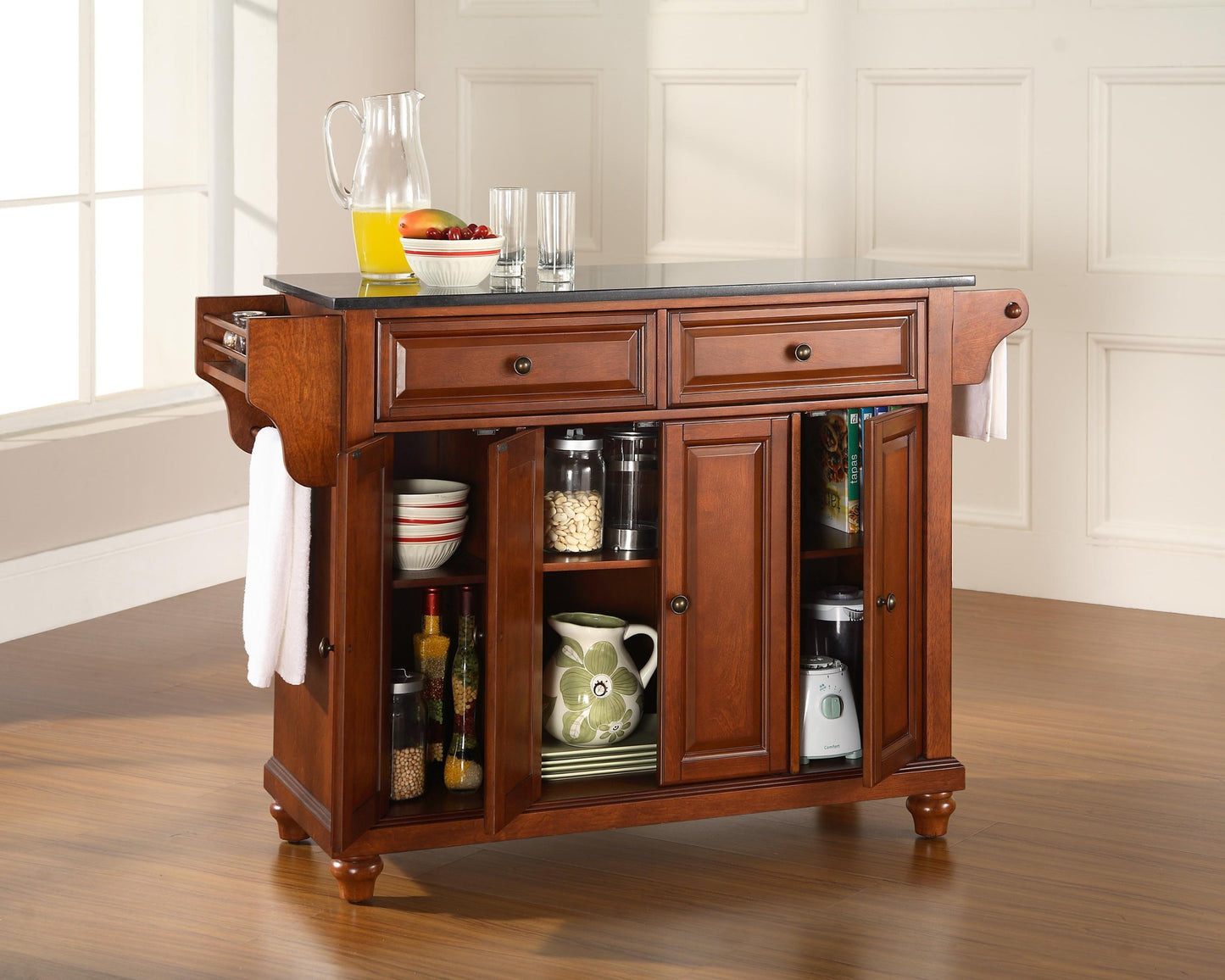 Crosley Furniture Cambridge Granite Top Rolling Kitchen Island Storage Cart, Microwave Stand, Spice Rack, Cherry