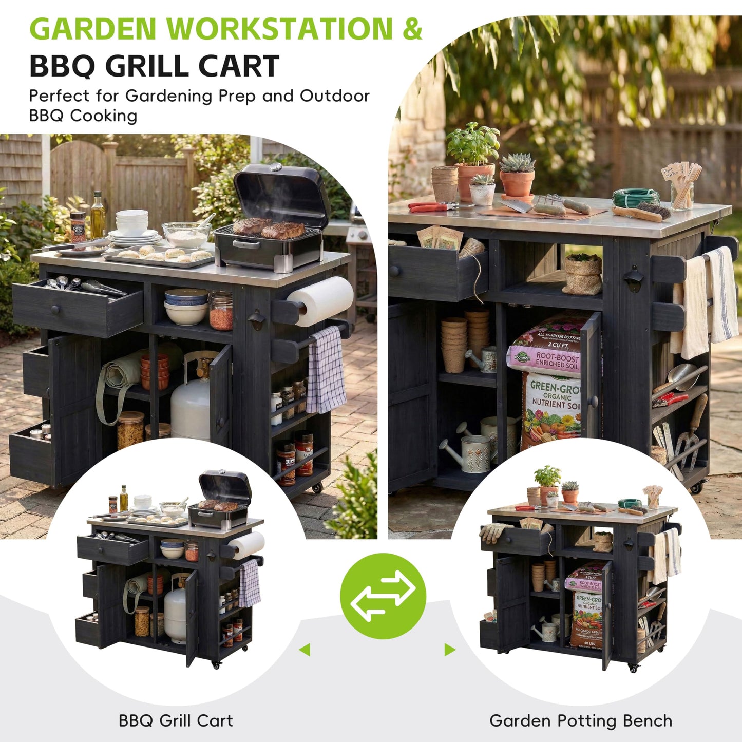 Merax Outdoor Extendable Kitchen Island with Storage, Stainless Steel Top Grill Table with Side Spice Rack, Solid Wood Kitchen Cart with Drawers and Storage Cabinet for Backyard, BBQ, Party