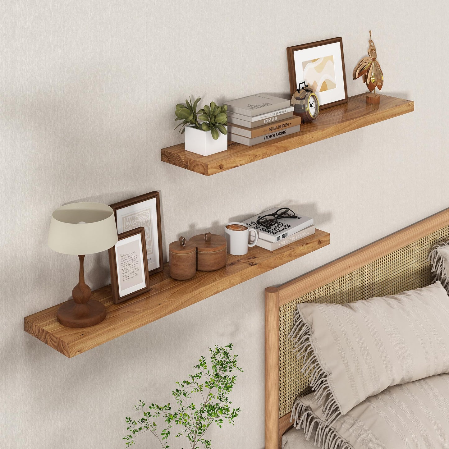 Axeman Rustic Elm Wood Floating Shelves - 72'' W x 8" D Wall Mantel Shelf with Invisible Bracket, Large Long Wall Mounted Storage Shelves for Living Room, Bedroom, Kitchen, Bathroom, Natural