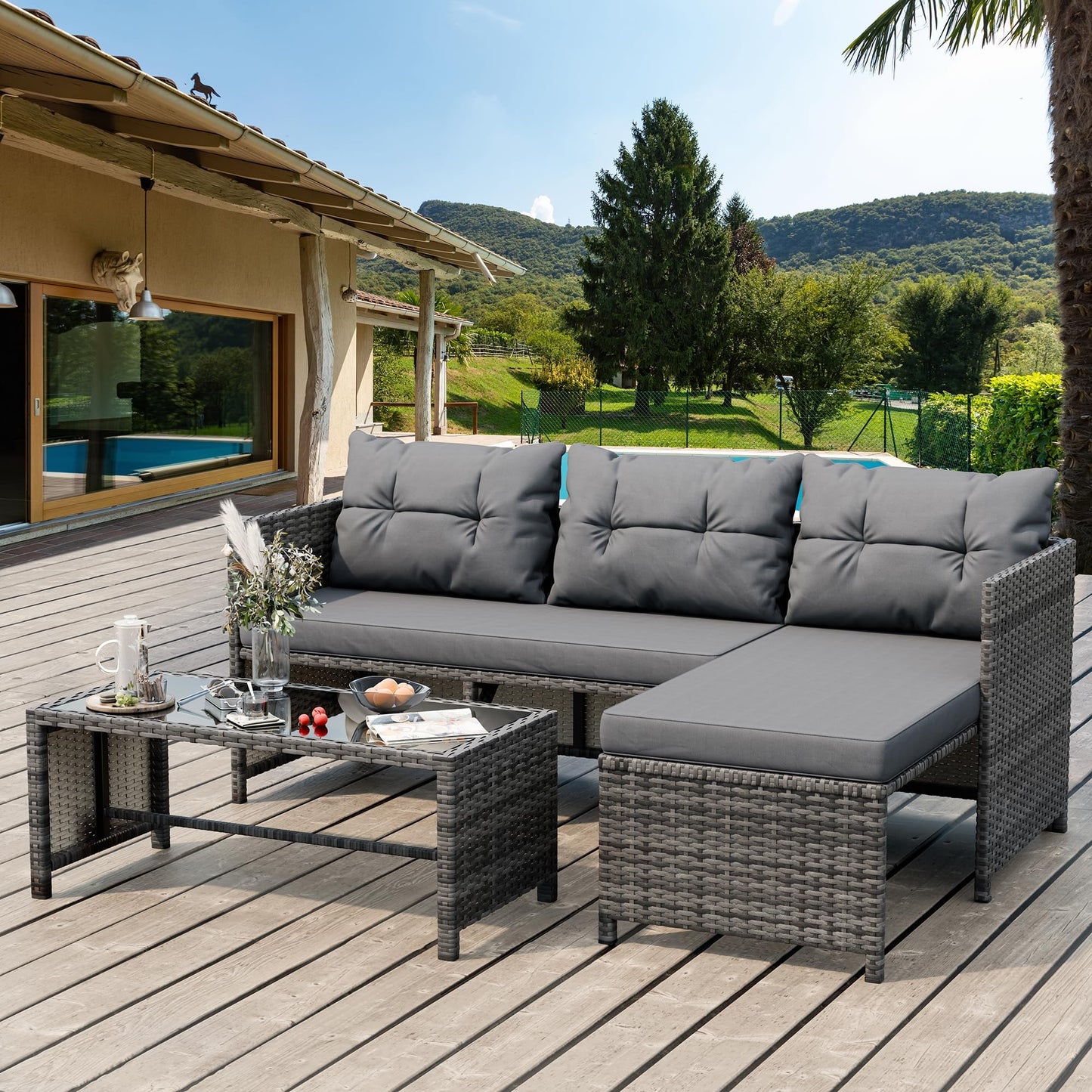 Shintenchi 3 Pieces Outdoor Patio Furniture Sets, Wicker Patio Conversation Sets, All Weather Wicker Rattan Patio Seating Sofas with Glass Coffee Table and Cushion, Gray