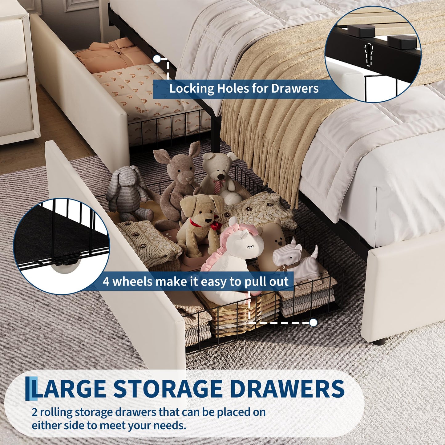 GarveeHome Twin XL Bed Frame with Storage Headboard, Kids Bed Frame with 2 Drawers, Velvet Upholstered Platform Bed Frame with Lights, No Box Spring Needed, Easy Assembly, Velvet White