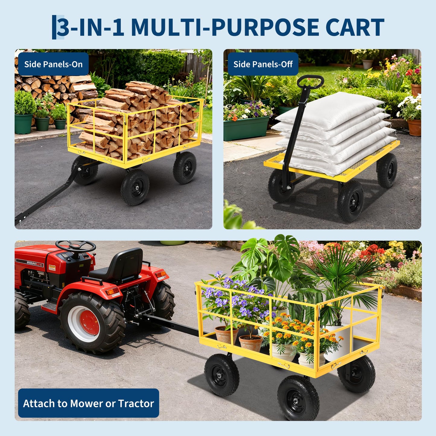 1500 lbs Steel Garden Cart, Folding Utility Wagon with Removable Sides, Garden Wagon Cart on Wheels, Metal Utility Wagon Yard Trailer with 13 in Tires180° and Swivel Handle, Yellow